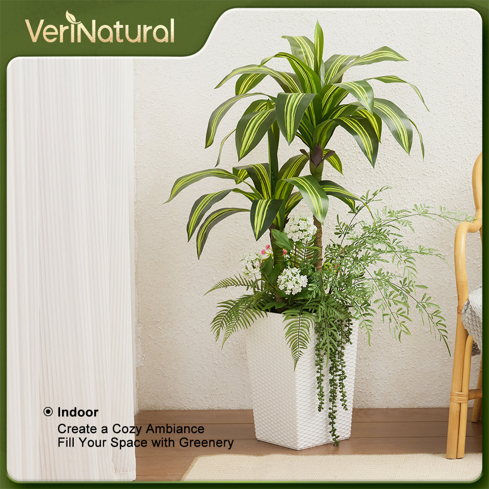 VeriNatural 4FT Mixed Fern and Dracaena Artificial Plants with Black Taper Planter for Indoor & Outdoor (1/2-Pack)(VN151)