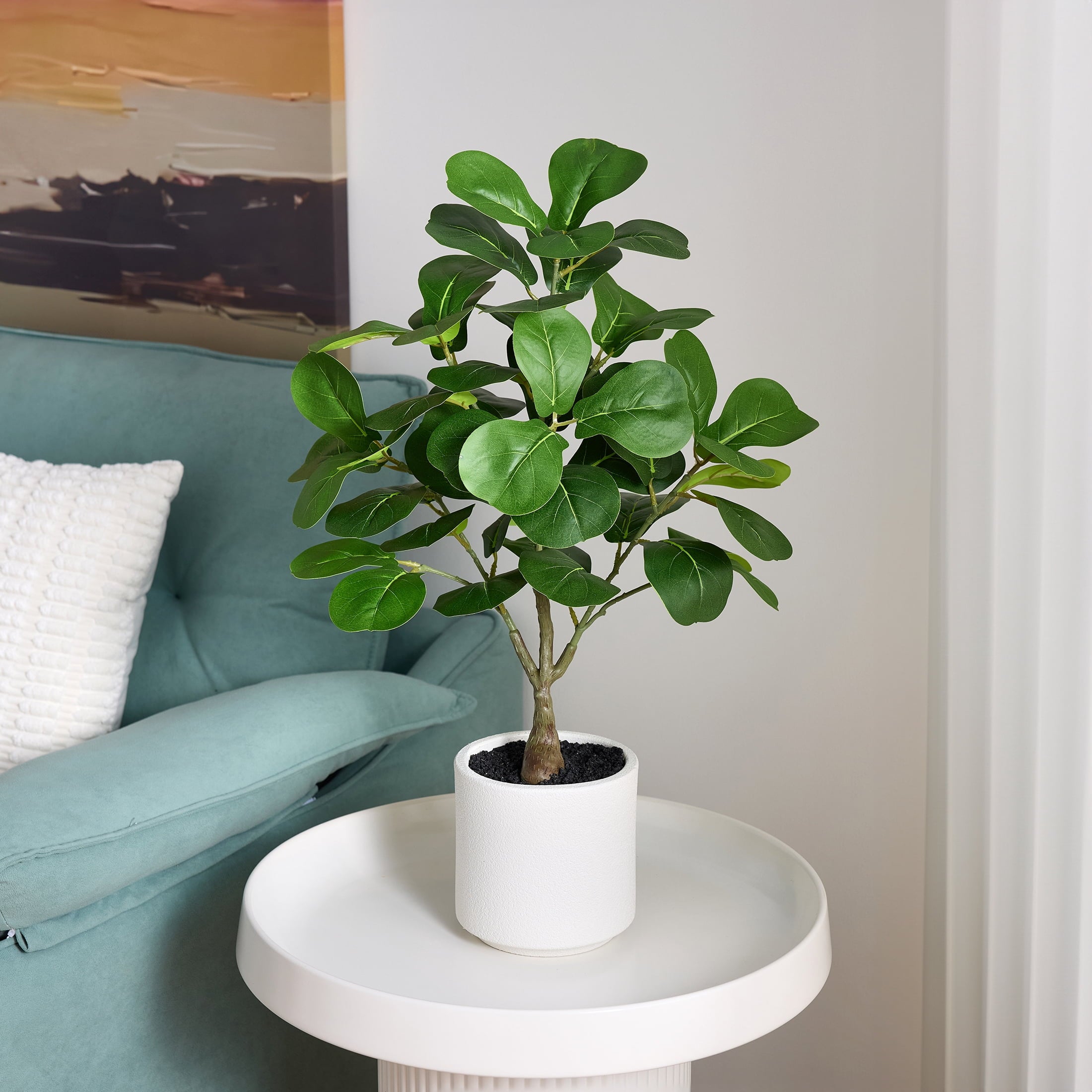DR.Planzen Artificial Fiddle Leaf Fig Tree, 25.6 Inch Tall Lifelike Fake Plant in White Pot, Realistic Indoor Ficus Lyrata for Home Office Living Room Decor