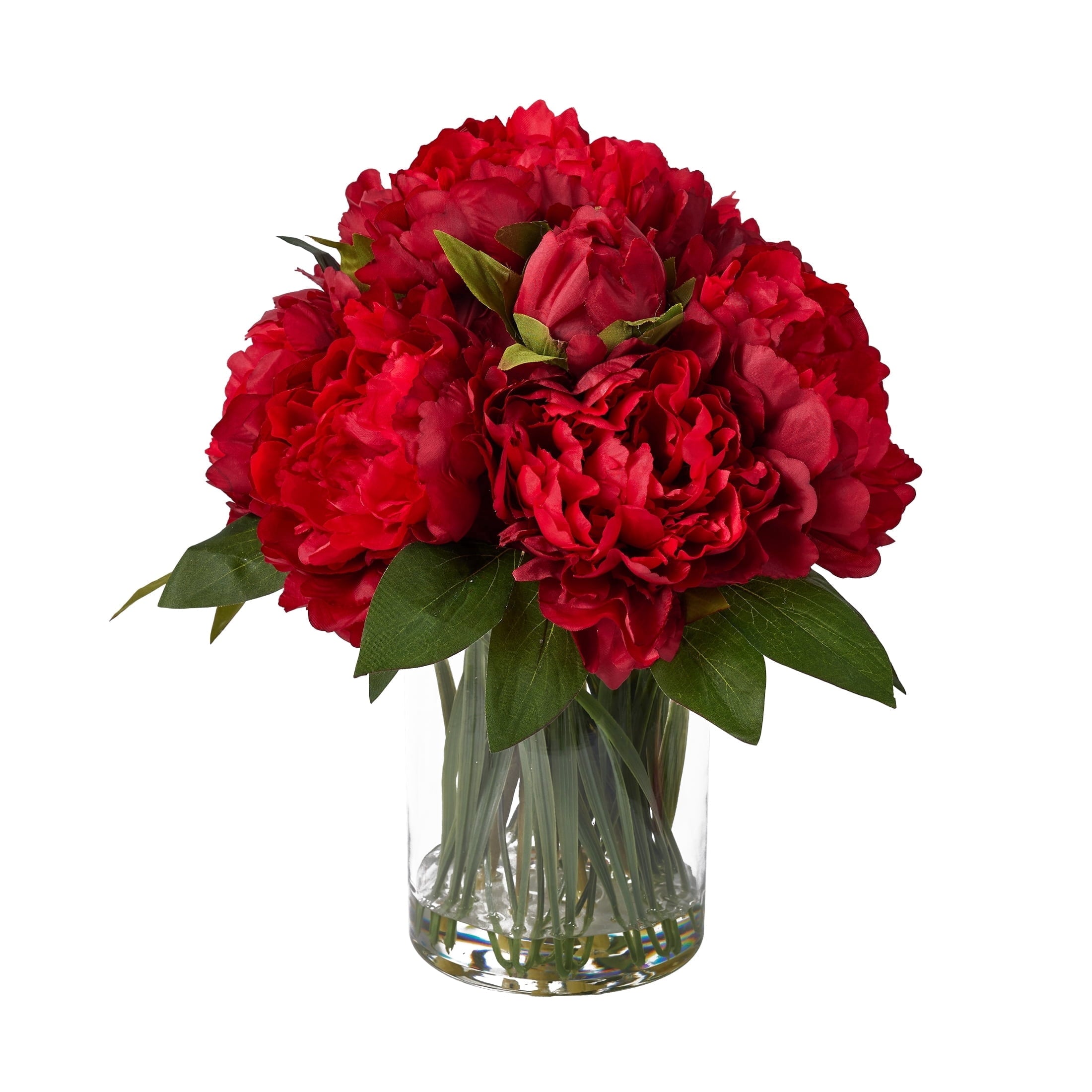 DR.Planzen 12in Artificial Peonies with Vase Red Artificial Peony Flower Arrangement ¨C 9 Bloom Realistic Faux Peonies in Glass Vase with Faux Water for Table Centerpiece Wedding Home Office Decor