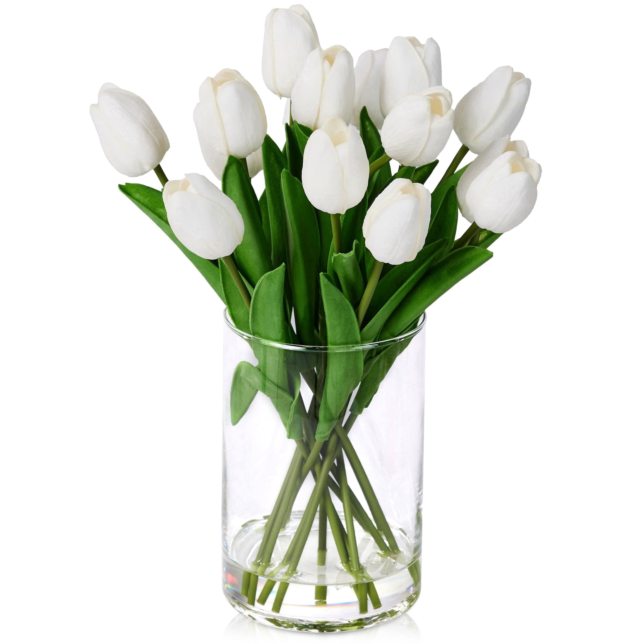 DR.Planzen 12in Artificial White Tulips Fake Flowers in Glass Vase Real Touch Tulips ¨C Faux Tulips Bouquet with Faux Water, Tulips Centerpiece for Spring Home Decor Dining Table Wedding Mothers Day