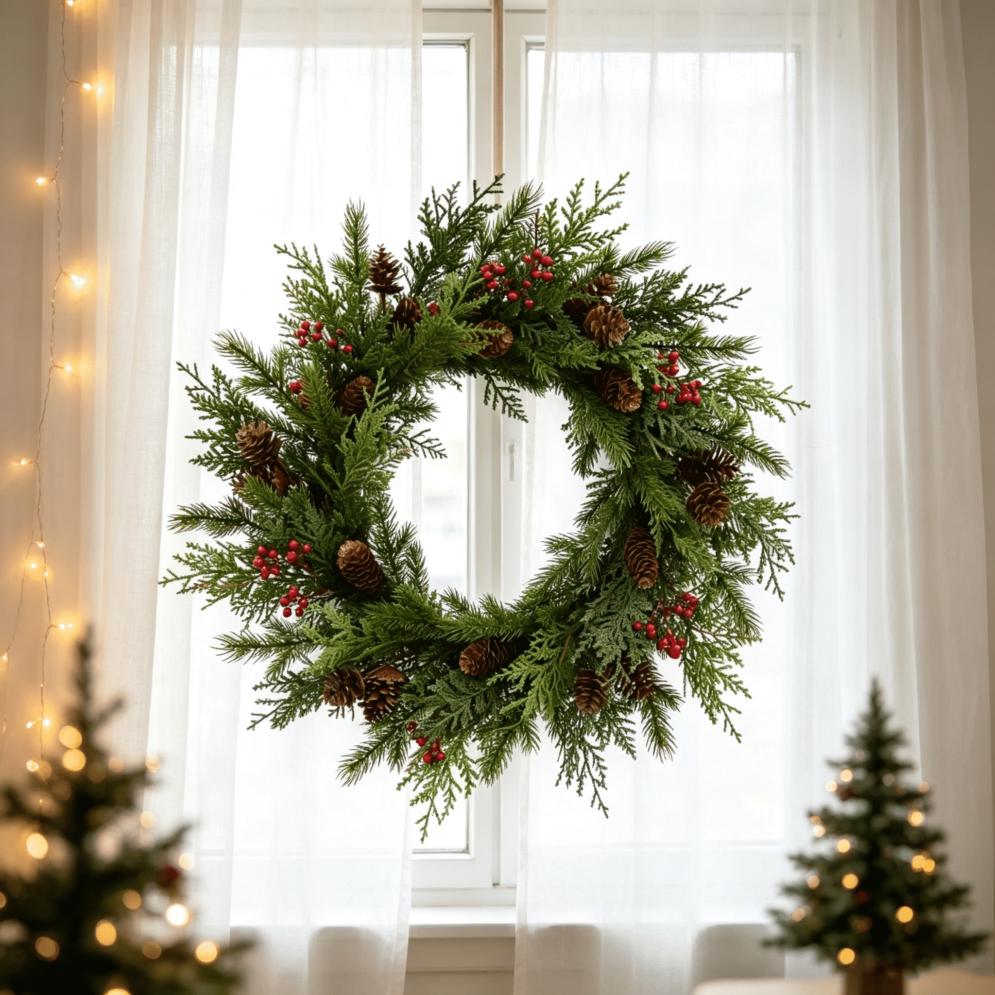 DR.Planzen 26" Artificial Pine & Berry Centerpiece in Brown Ring Base, Realistic PE Foliage with Red Berries & Pine Cones for Indoor Tabletop Holiday Decor