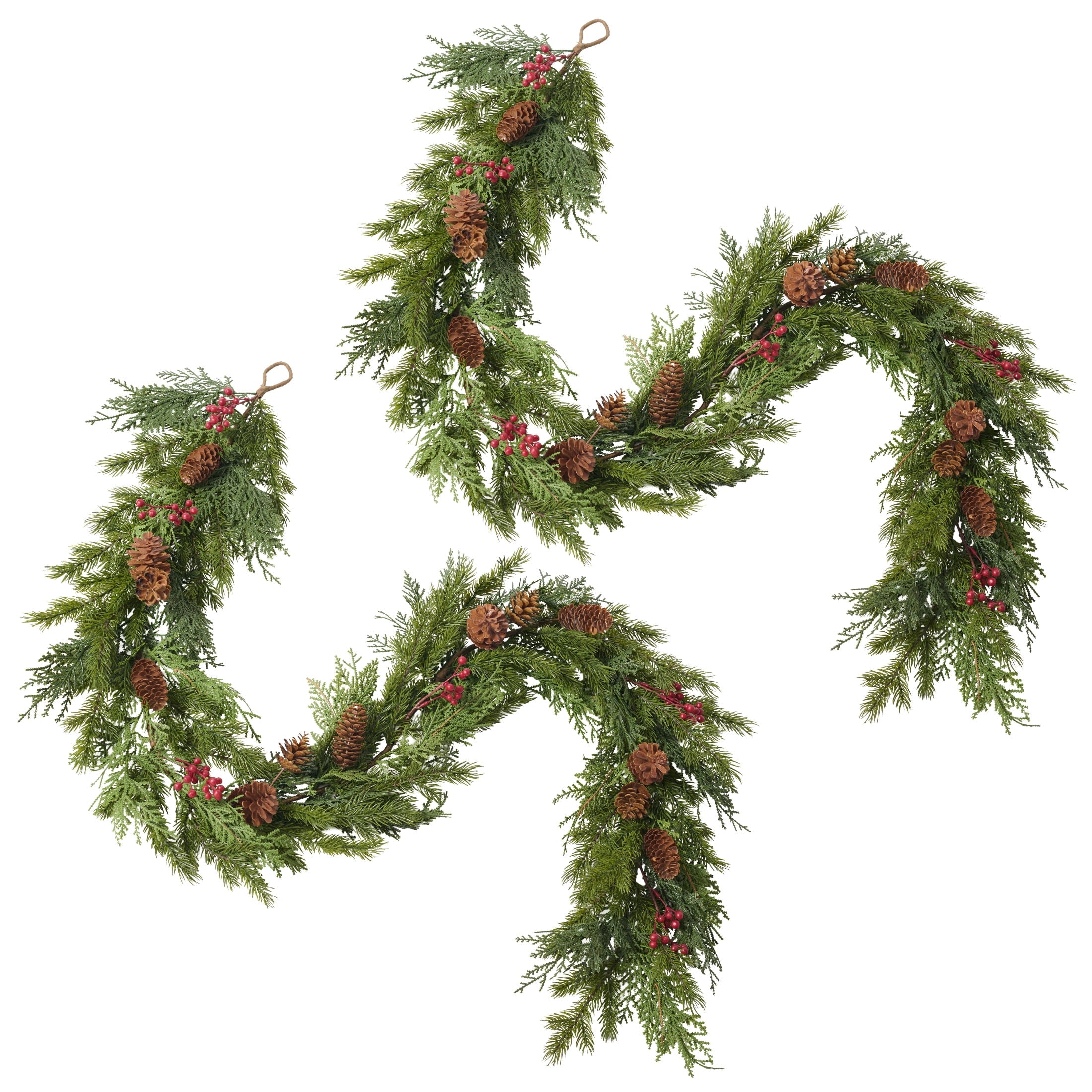 DR.Planzen 2Pack 6ft Artificial Pine & Berry Foliage Spray with Red Cones, Long Flexible Greenery Garland for DIY Christmas Tree Filler, Wreaths & Vase Filler