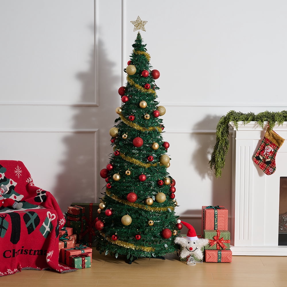 DR.Planzen 6ft Artificial Prelit Christmas Tree - Christmas Tree with Lights, 150 Warm White LED, 8 Modes, 90 Red Gold Ornaments - Collapsible Indoor Holiday Decor for Apartment Office