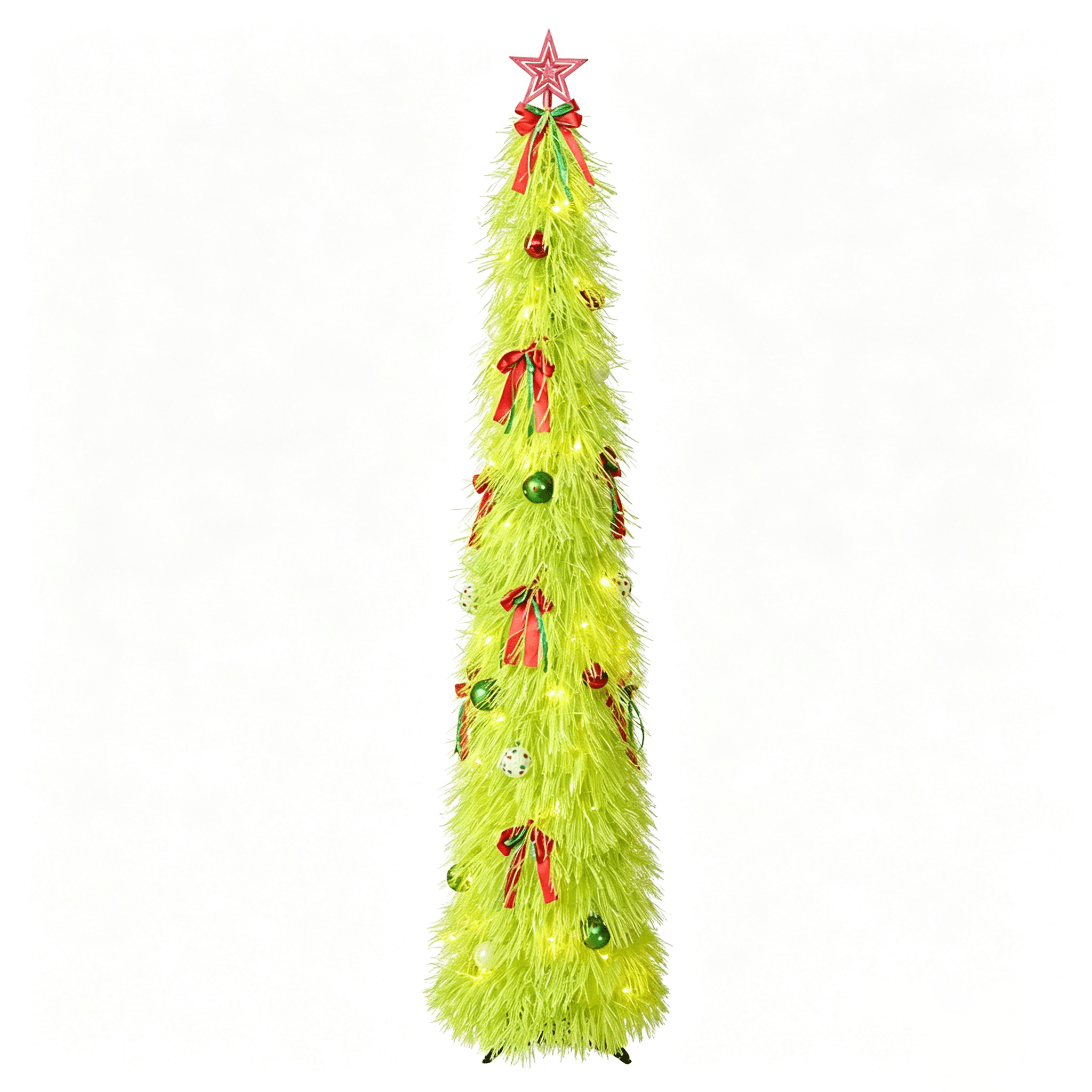 DR.Planzen 6ft Pop Up Christmas Tinsel Tree, Pre Lit Slim Christmas Tree, Green LED Pencil Tree with 100 Warm White Lights, Star Topper & Ornaments Set, Collapsible Holiday Decor