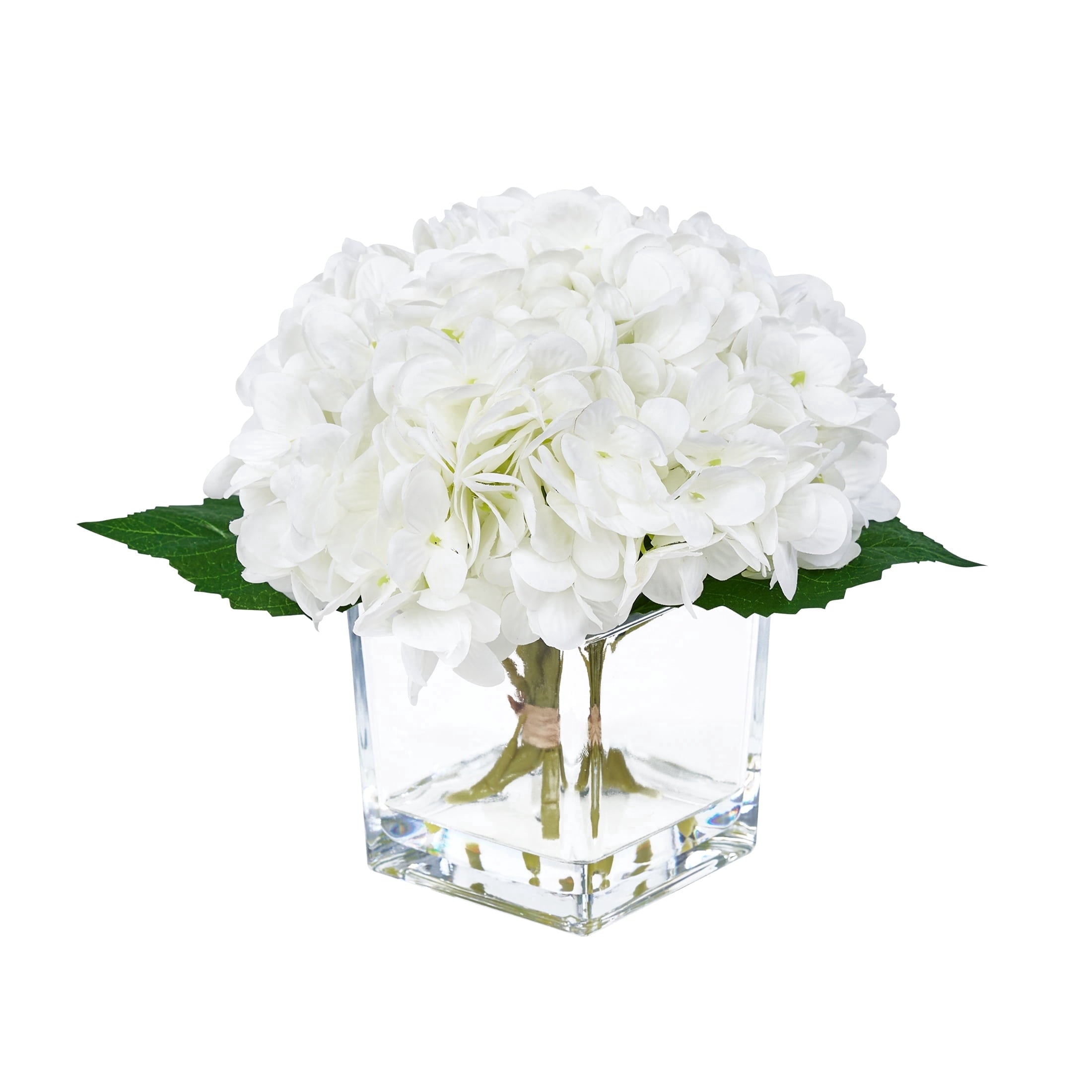 DR.Planzen 8'' Artificial White Hydrangea in Square Glass Vase - Realistic 384-Petal Silk Flower with Faux Water, Home Office Tabletop Decor