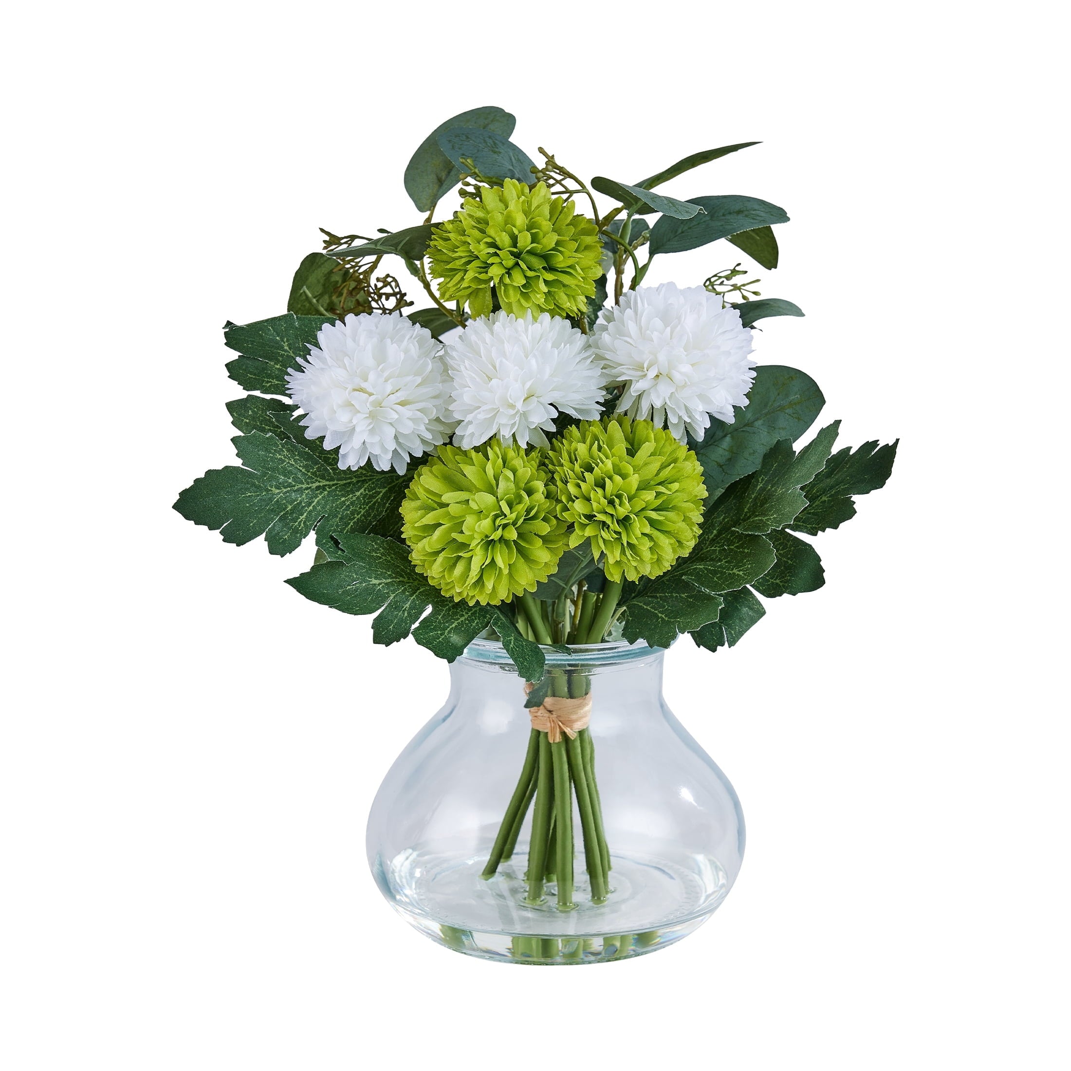 DR.Planzen Artificial Chrysanthemum & Eucalyptus Arrangement, White & Green Fake Flowers in Apothecary Glass Vase with Faux Water, 12.9" Home Office Decor