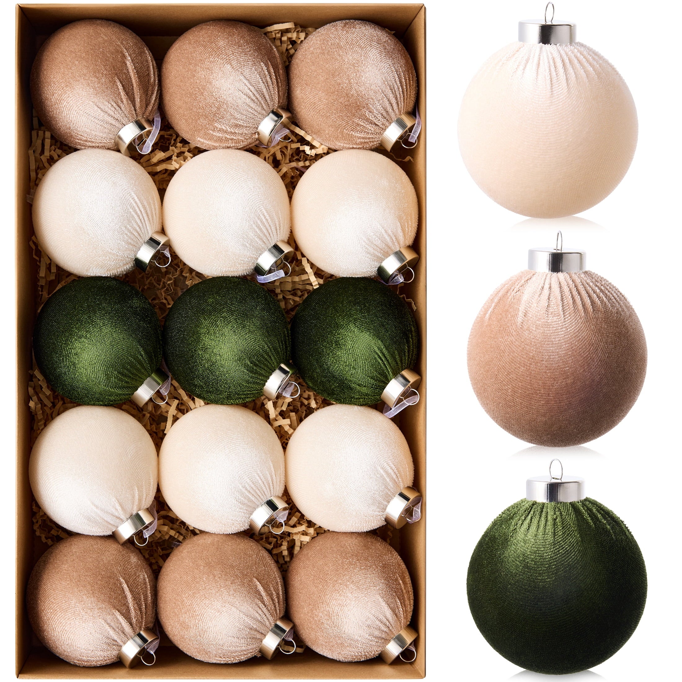 DR.Planzen 15 Pcs Fabric-Wrapped Christmas Ball Ornaments - 3.2 Inch Large Shatterproof Christmas Tree Decorations in Ivory, Khaki and Dark Green for Farmhouse, Woodland and Holiday Decor
