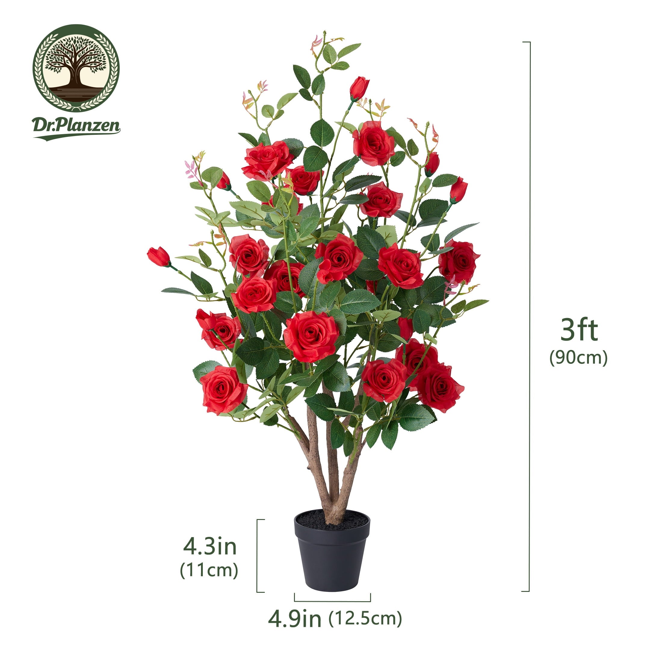 DR.Planzen 3ft Artificial Red Rose Tree with Green Leaves, Lifelike Faux Rose Flower Tree for Home Decor Indoor Outdoor, Living Room Office Decoration