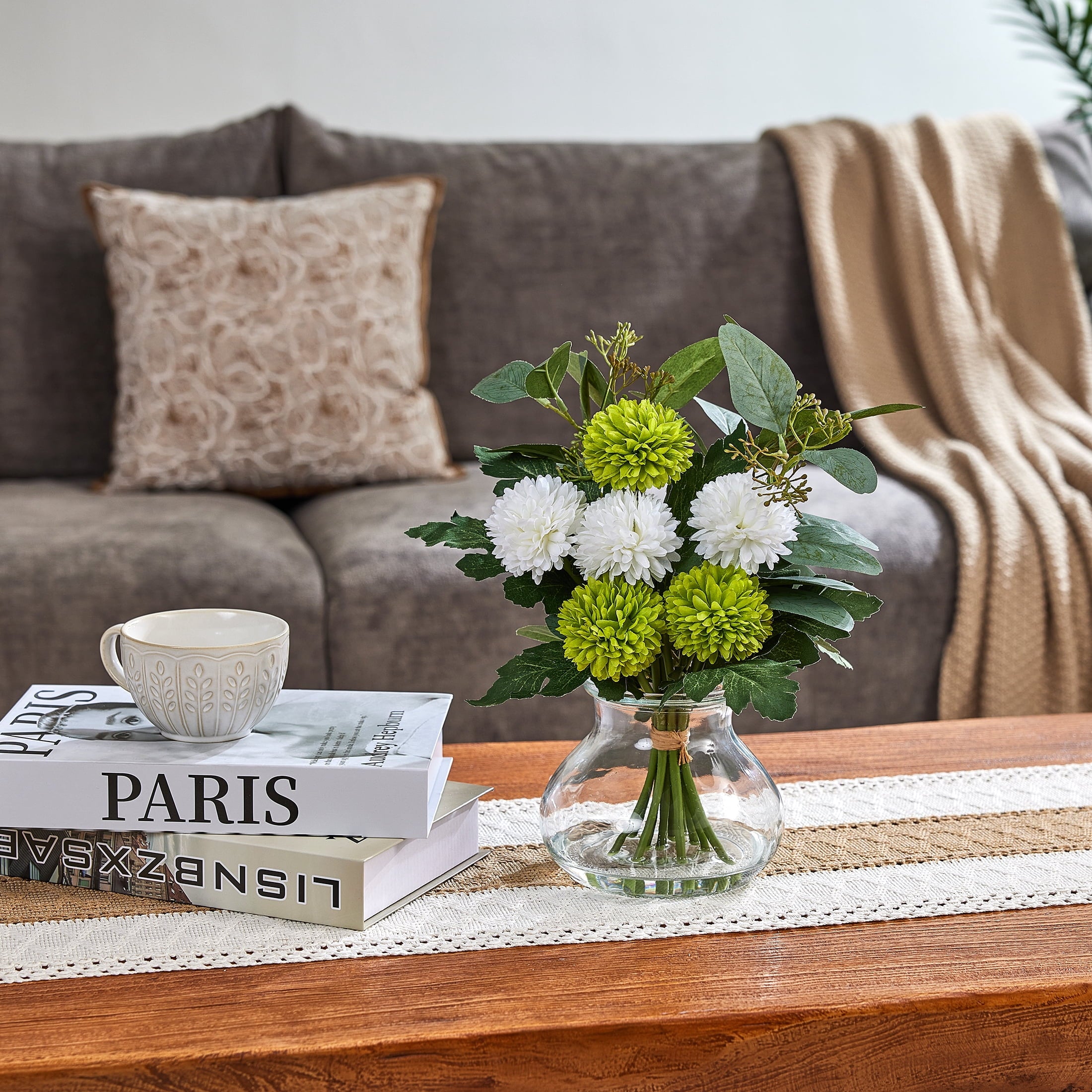 DR.Planzen Artificial Chrysanthemum & Eucalyptus Arrangement, White & Green Fake Flowers in Apothecary Glass Vase with Faux Water, 12.9" Home Office Decor