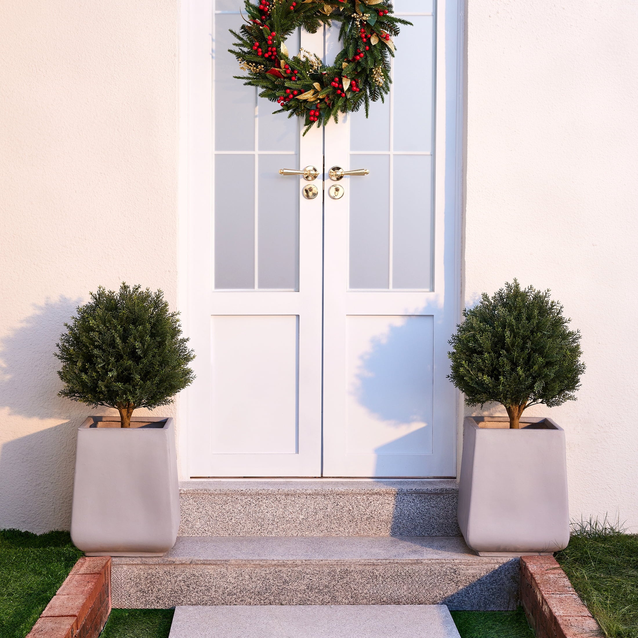 DR.Planzen Artificial 2 Pack 16 in Topiary Ball Trees, UV Resistant Faux Cedar Plants, Faux Cypress Evergreen Shrub Bush with 10.6in Twist-On Stake - For Front Porch Patio Garden Yard Outdoor Decor