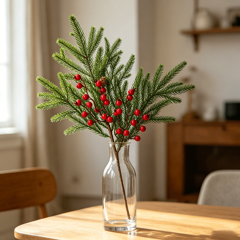DR.Planzen 12 Pcs 18 inch Artificial Norfolk Pine Branches with Lights - Prelit Christmas Pine Stems with Red Berries, Real Pinecones, 50 Warm White LEDs, Wreath, Garland, Mantel Decor