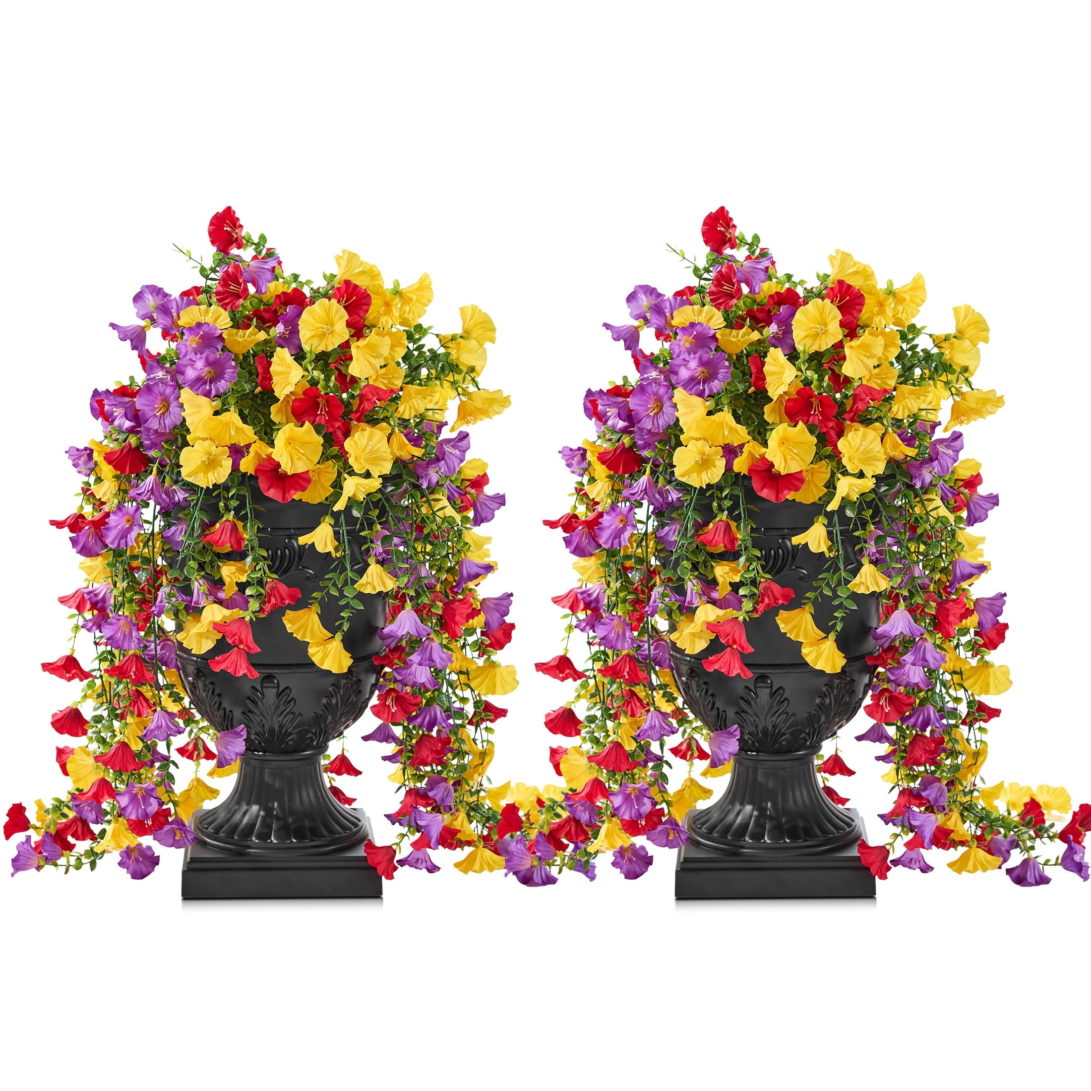 DR.Planzen Artificial Hanging Flowers in Black Urn Planter, 2 Pack 26in Faux Morning Glory Flowers, Fake Hanging Plants, Artificial Flowers, Hanging Flowers with 333 Blooms - Front Porch Patio Decor