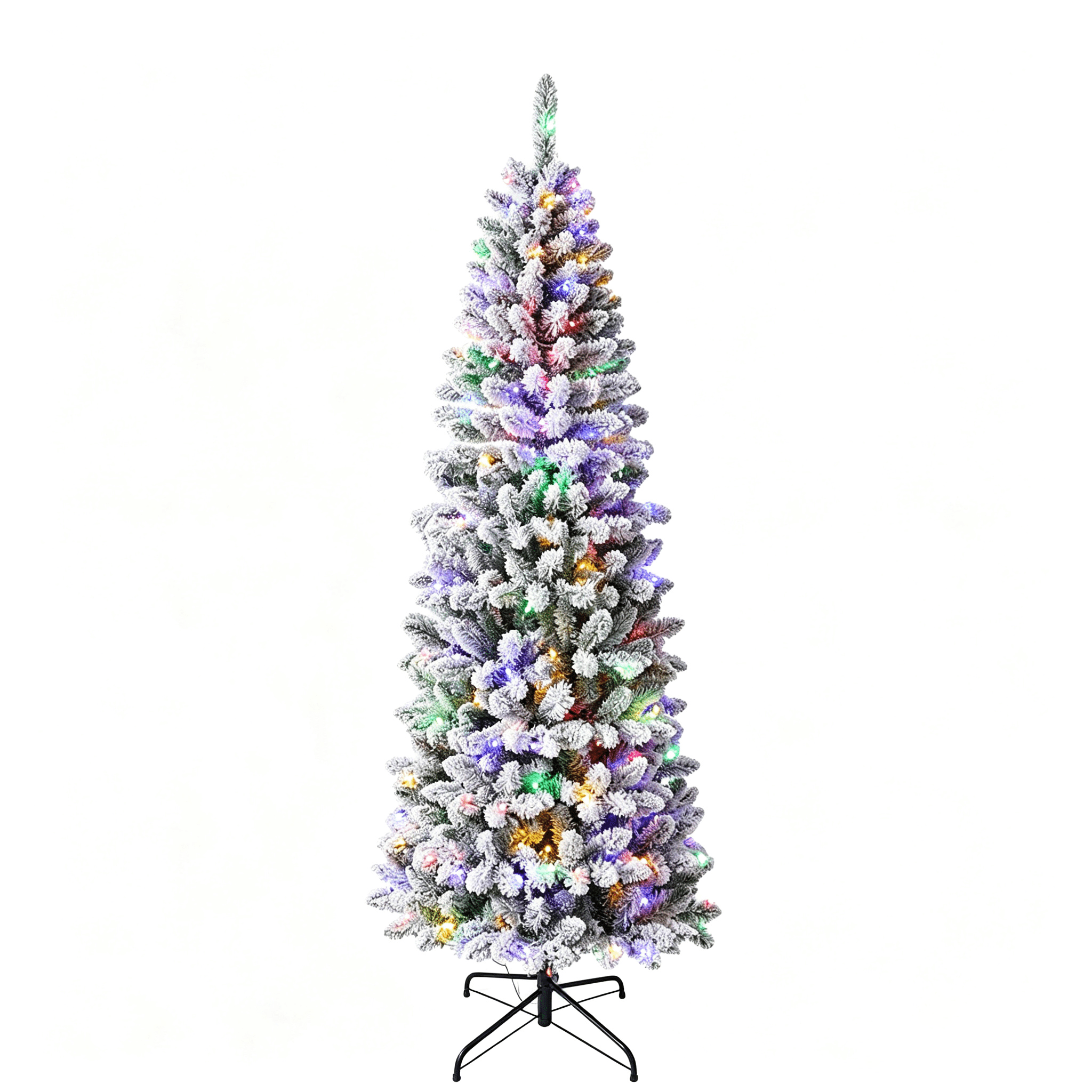 DR.Planzen 6ft Prelit Snow Flocked Slim Christmas Tree - Pencil Artificial Tree with 250 Dual Color LED Lights, 9 Modes and 720 Adjustable Branches for Apartments, Living Rooms