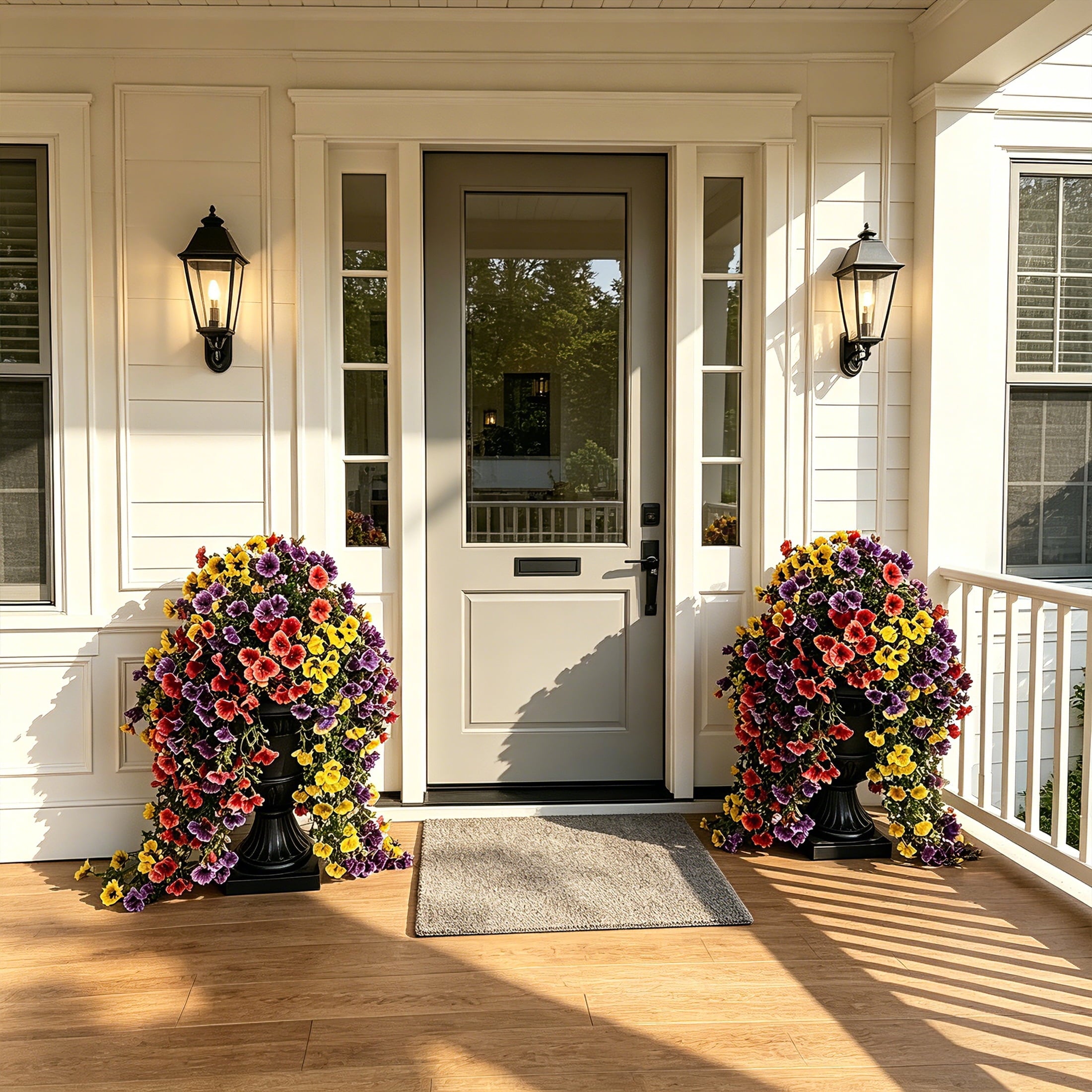 DR.Planzen 2 Pack 26in Artificial Pansy Flowers, Faux Hanging Flowers, Fake Outdoor Flowers, Pansy Arrangement - 660 Blooms in Black Urn Planter - Spring Decor for Covered Porch Patio Entryway