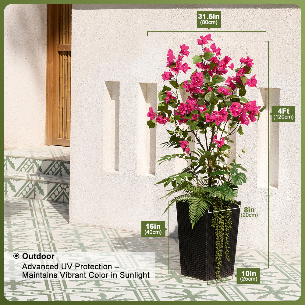VeriNatural 4FT Mixed Greens and Bougainvillea Artificial Plants with Black Taper Planter for Indoor & Outdoor (1/2-Pack)(VN146)