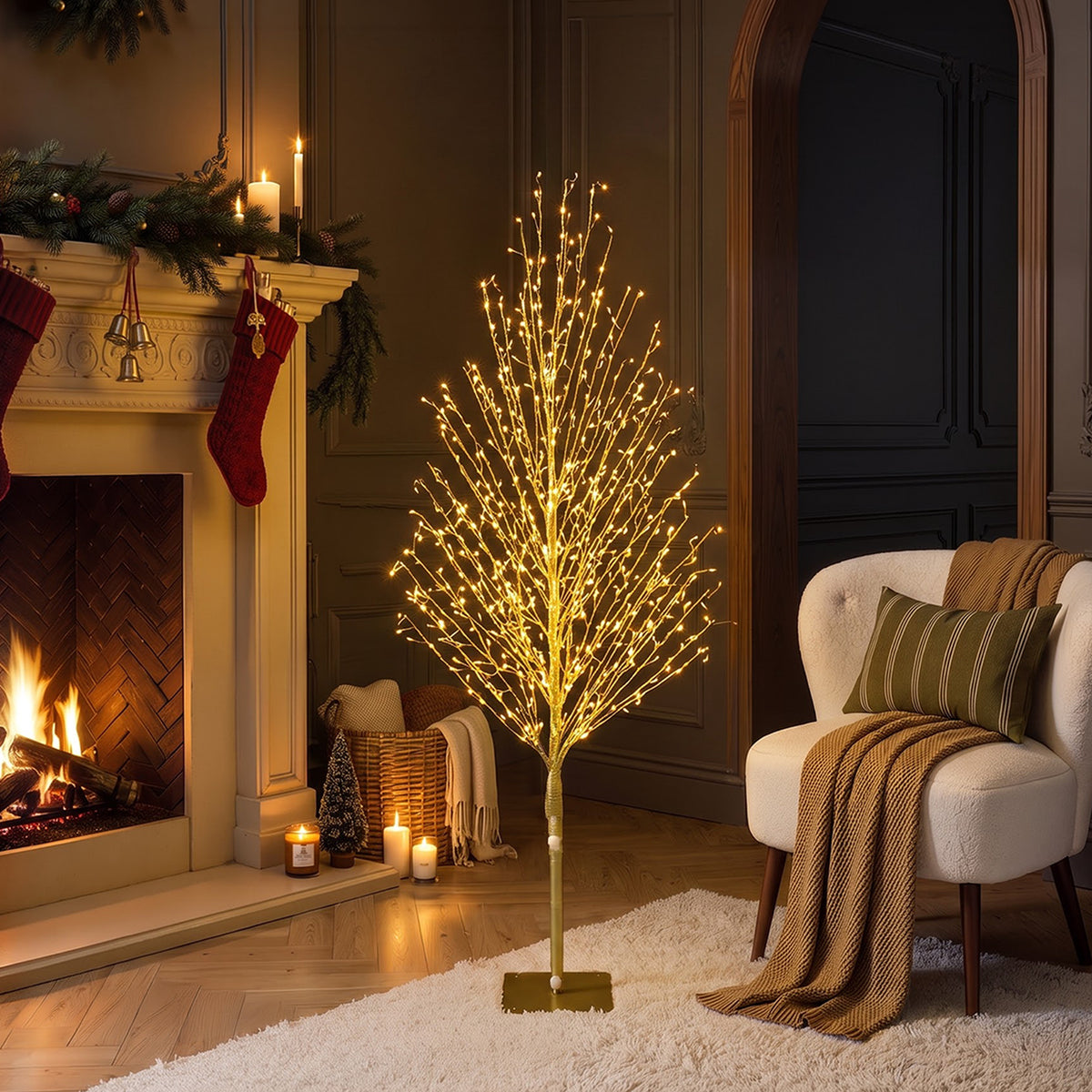 VeriNatural 4FT/5FT/6FT Pre-Lit Twisted LED Christmas Tree – Golden Warm White Spiral Tree with Breathing Flash, Indoor & Outdoor Holiday Decor