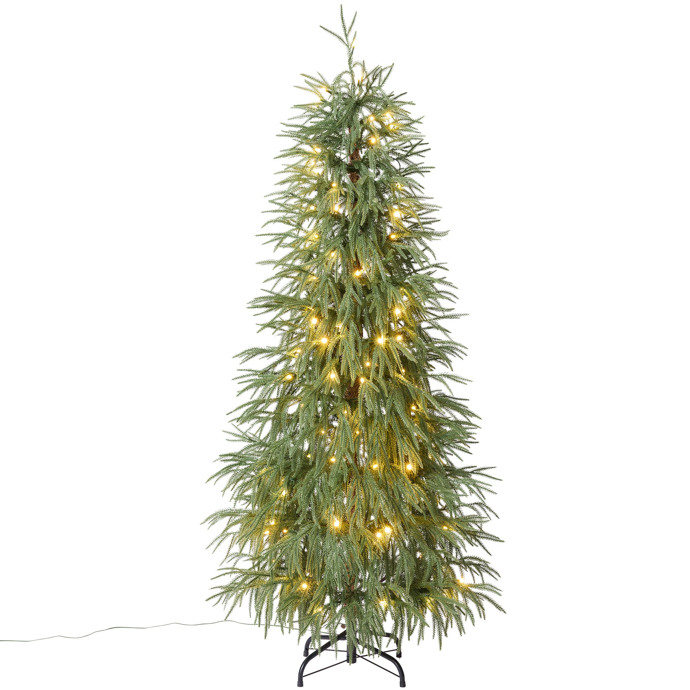 VeriNatural 5/6/7FT Pre-Lit Norfolk Pine Christmas Tree, Artificial Slim Christmas Tree with 100/150/220 Warm White LEDs, 3 Lighting Modes, Adjustable PE Branches, Space-Saving Holiday Decor for Apartment, Home & Office