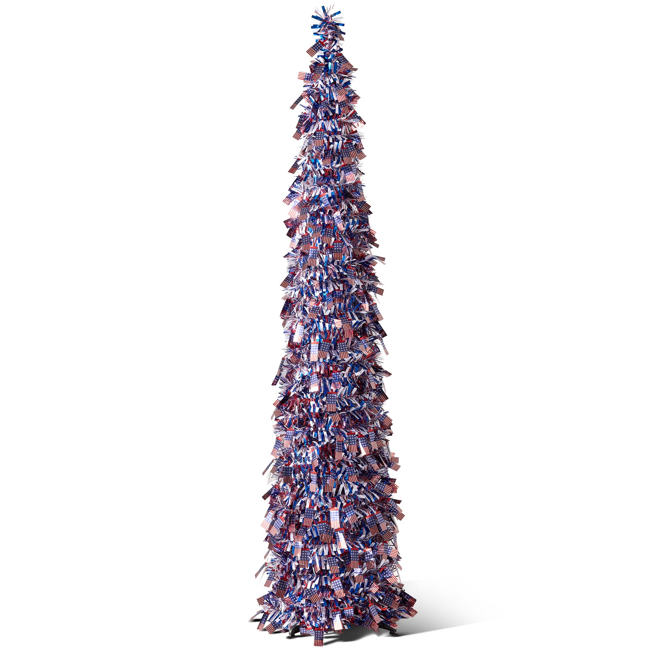 VeriNatural 4th of July Decor, Patriotic Pop up Pencil Tree,4.9 Ft Tinsel Tree,Sequin Star Ornaments Garland Collapsible Tree for Independence Day Memorial Home Decor