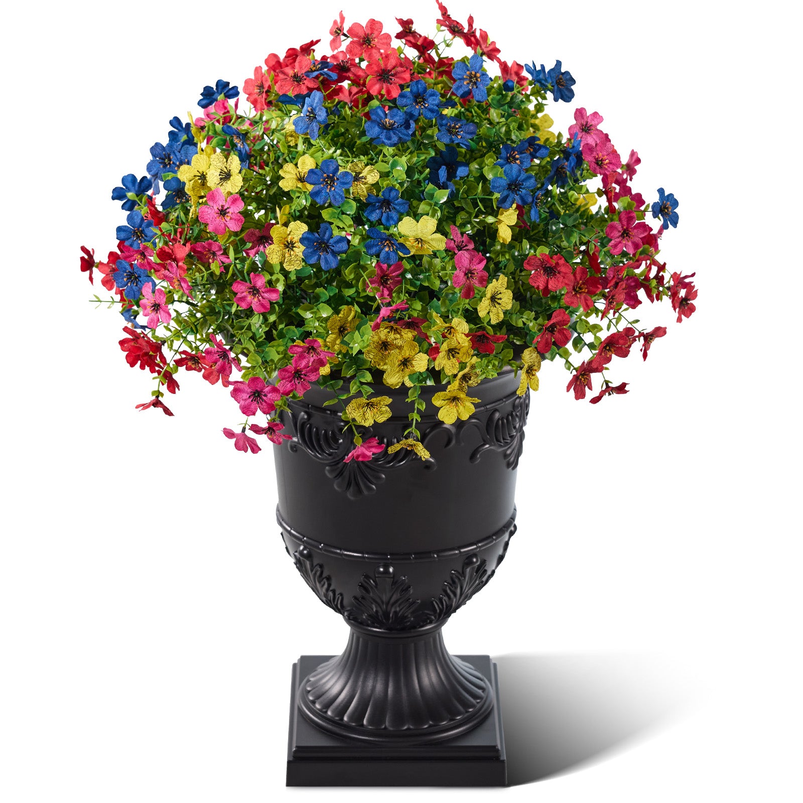 VeriNatural Artificial Lobelia in Charming Urn Planter, 24 Inch Tall Lifelike Faux Flowers, Pre-Potted with Tray, Indoor & Patio Home Decor, Available in 1 Pack & 2 Pack