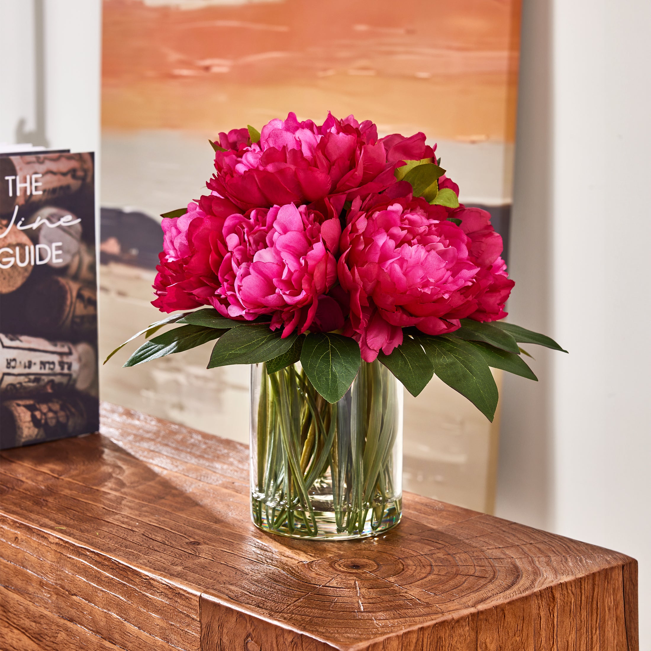 VeriNatural 12” Artificial Peony in Vase with Faux Water, Peach-Red or Purple-Red Silk Arrangement, 9-10 Blooms, 82 Leaves, 9 Stems, Home & Office Decor