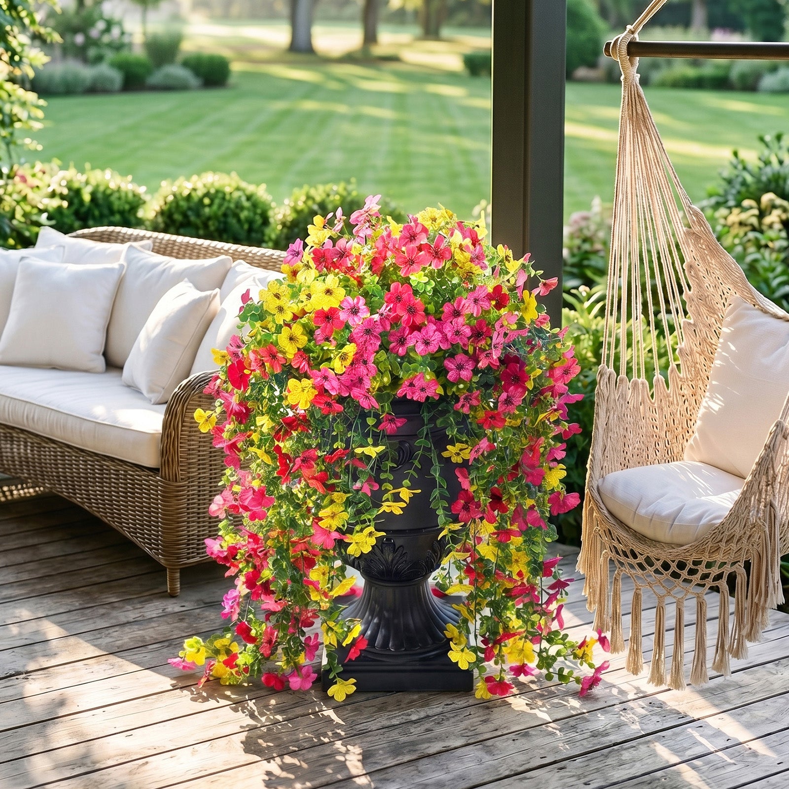 VeriNatural Artificial Lobelia in Charming Urn Planter Set, 26 Inch (0.65m) Tall Lifelike Faux Flowers, Pre-Potted with Tray, Indoor & Patio Decor, Available in 1 Pack & 2 Pack
