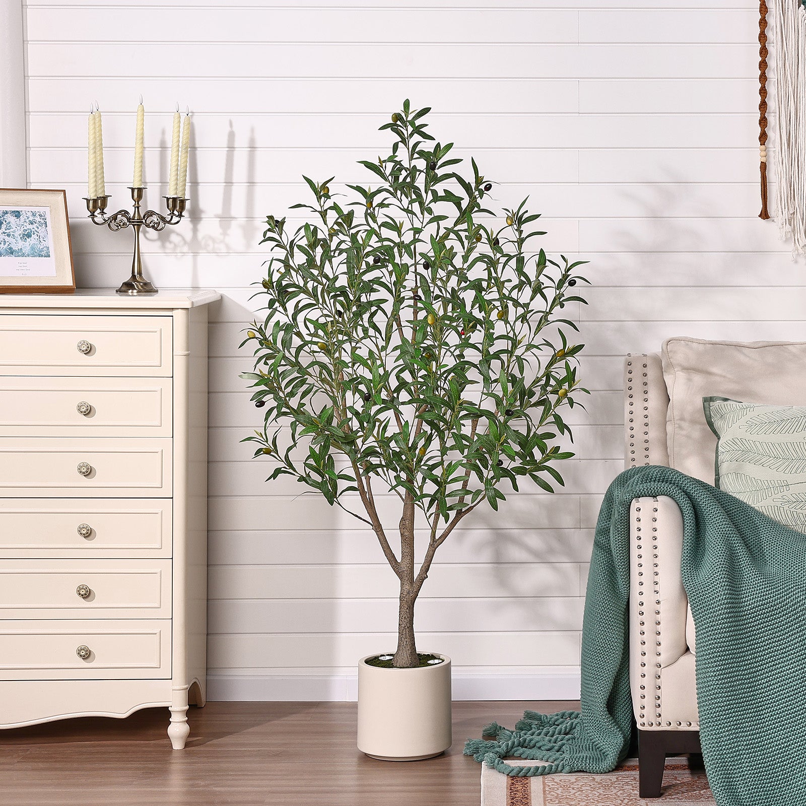 VeriNatural 5FT Artificial Olive Tree with Remote LED Spotlights – Realistic Faux Olive Tree in White Planter for Indoor Home, Living Room, Bedroom & Office Decor (VN214)