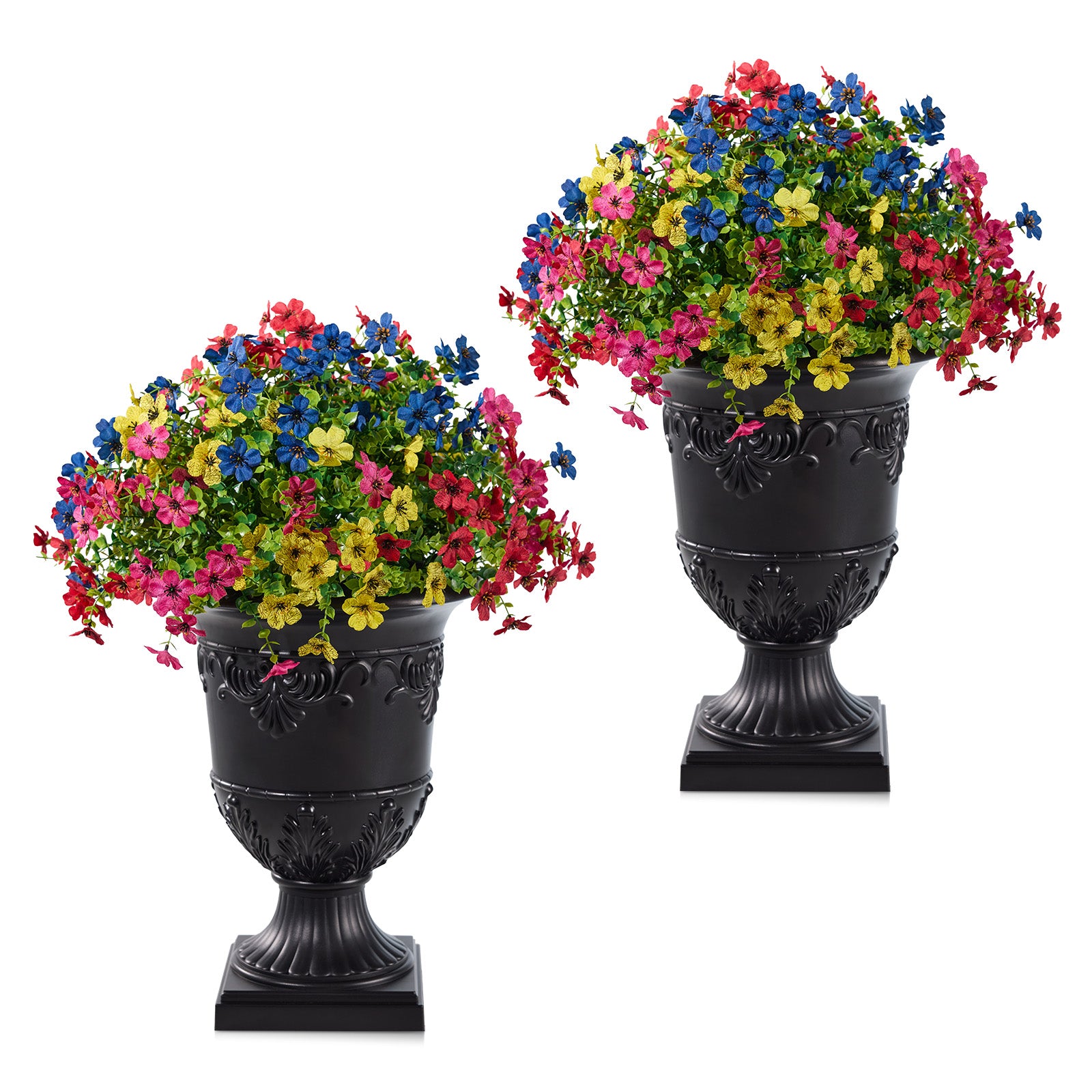 VeriNatural Artificial Lobelia in Charming Urn Planter, 24 Inch Tall Lifelike Faux Flowers, Pre-Potted with Tray, Indoor & Patio Home Decor, Available in 1 Pack & 2 Pack