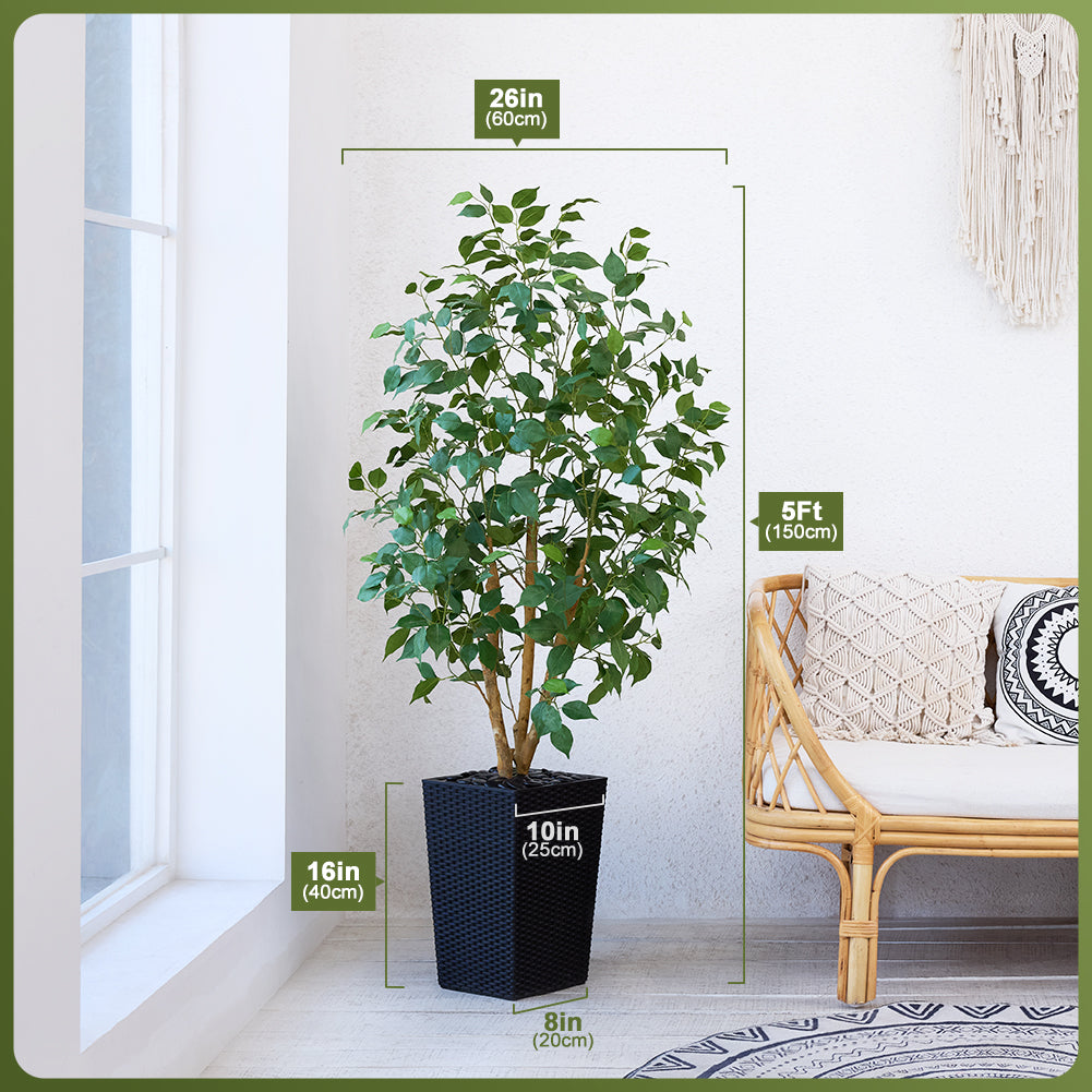 VeriNatural 5/6FT Natural Trunk Artificial Ficus Tree UV Resistant with Black/White Taper Planter for Indoor & Outdoor（VN129）
