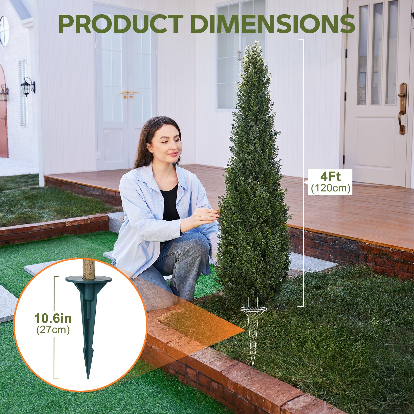 VeriNatural Artificial Cedar Topiary Trees (24–60 Inch) – Set of 2 with Ground Spike, UV-Resistant Faux Cypress for Indoor Outdoor Porch & Garden Decor