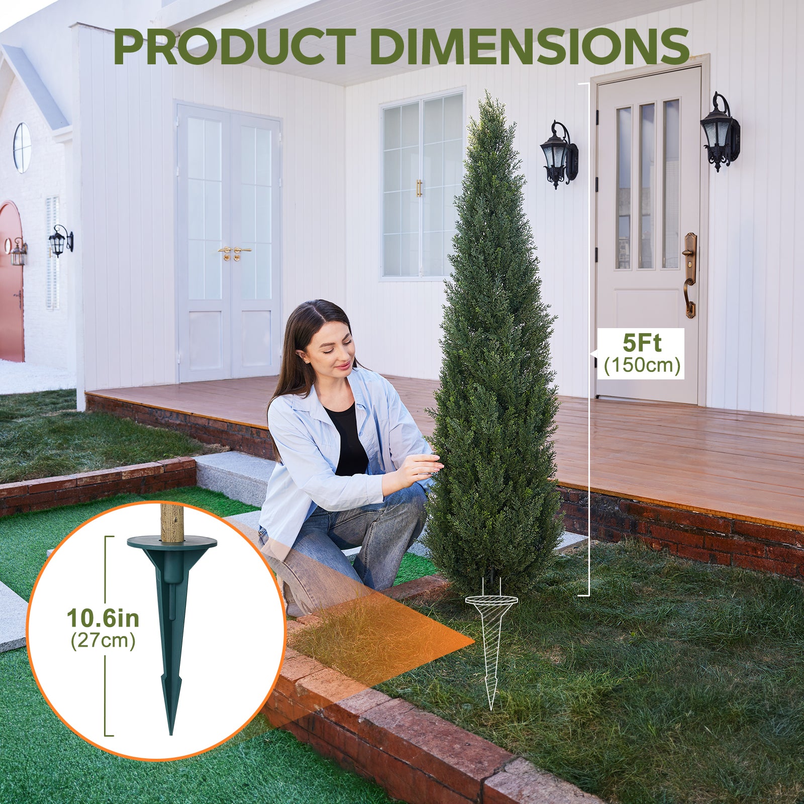 VeriNatural Artificial Cedar Topiary Trees (24–60 Inch) – Set of 2 with Ground Spike, UV-Resistant Faux Cypress for Indoor Outdoor Porch & Garden Decor