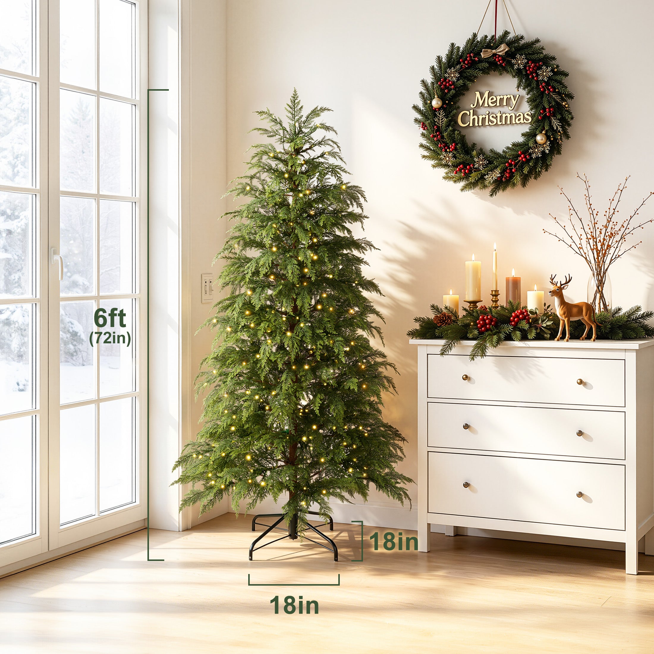 VeriNatural Pre-Lit Green Cypress Artificial Christmas Tree, 2/3/4/6/7.5FT Faux Xmas Tree with Warm White LED Lights, Indoor Holiday Decor