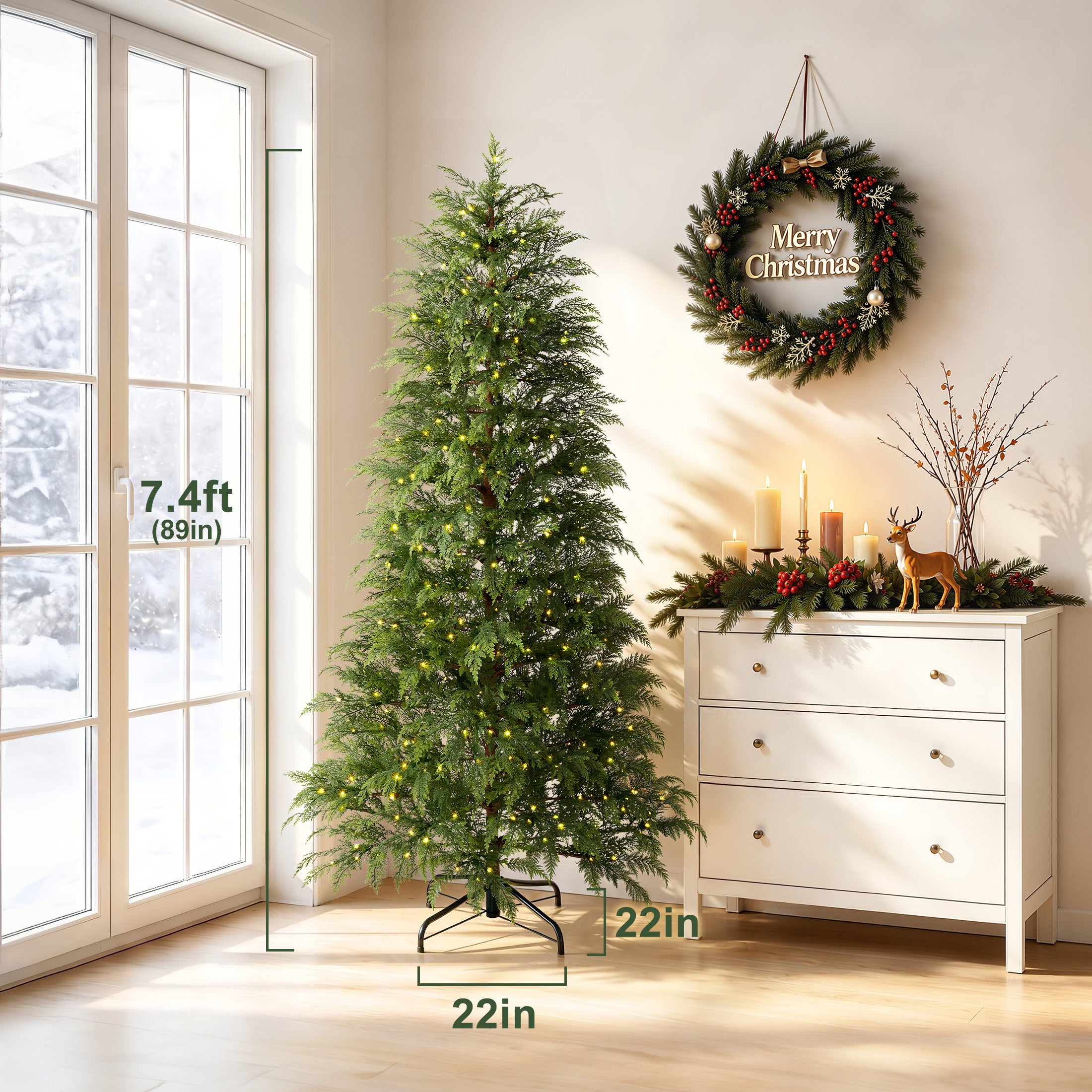 VeriNatural Pre-Lit Green Cypress Artificial Christmas Tree, 2/3/4/6/7.5FT Faux Xmas Tree with Warm White LED Lights, Indoor Holiday Decor