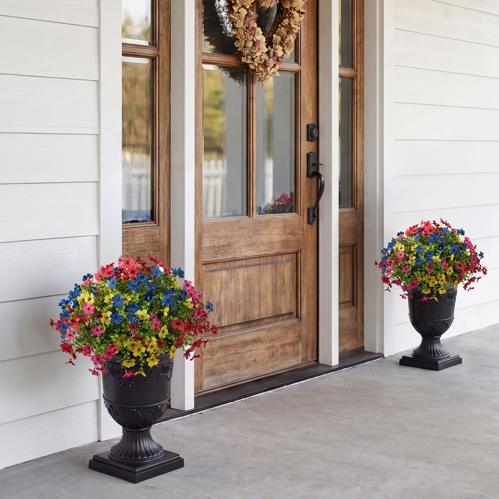 VeriNatural Artificial Lobelia in Charming Urn Planter, 24 Inch Tall Lifelike Faux Flowers, Pre-Potted with Tray, Indoor & Patio Home Decor, Available in 1 Pack & 2 Pack