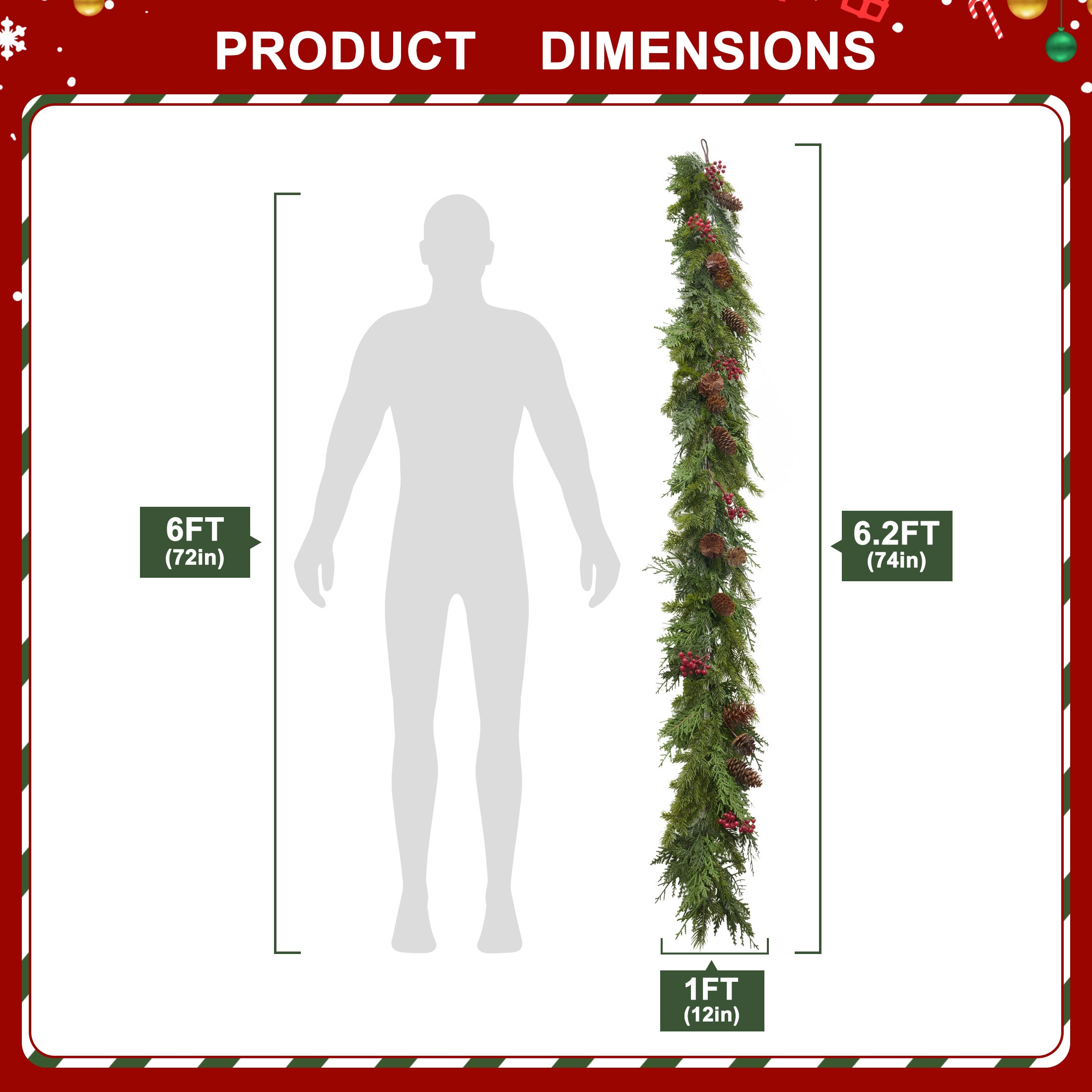 VeriNatural 1-Pack / 2-Pack 6FT Artificial Pine & Berry Foliage Spray with Red Cones – Flexible Greenery Garland for DIY Christmas Tree Filler, Wreaths & Vase Decor