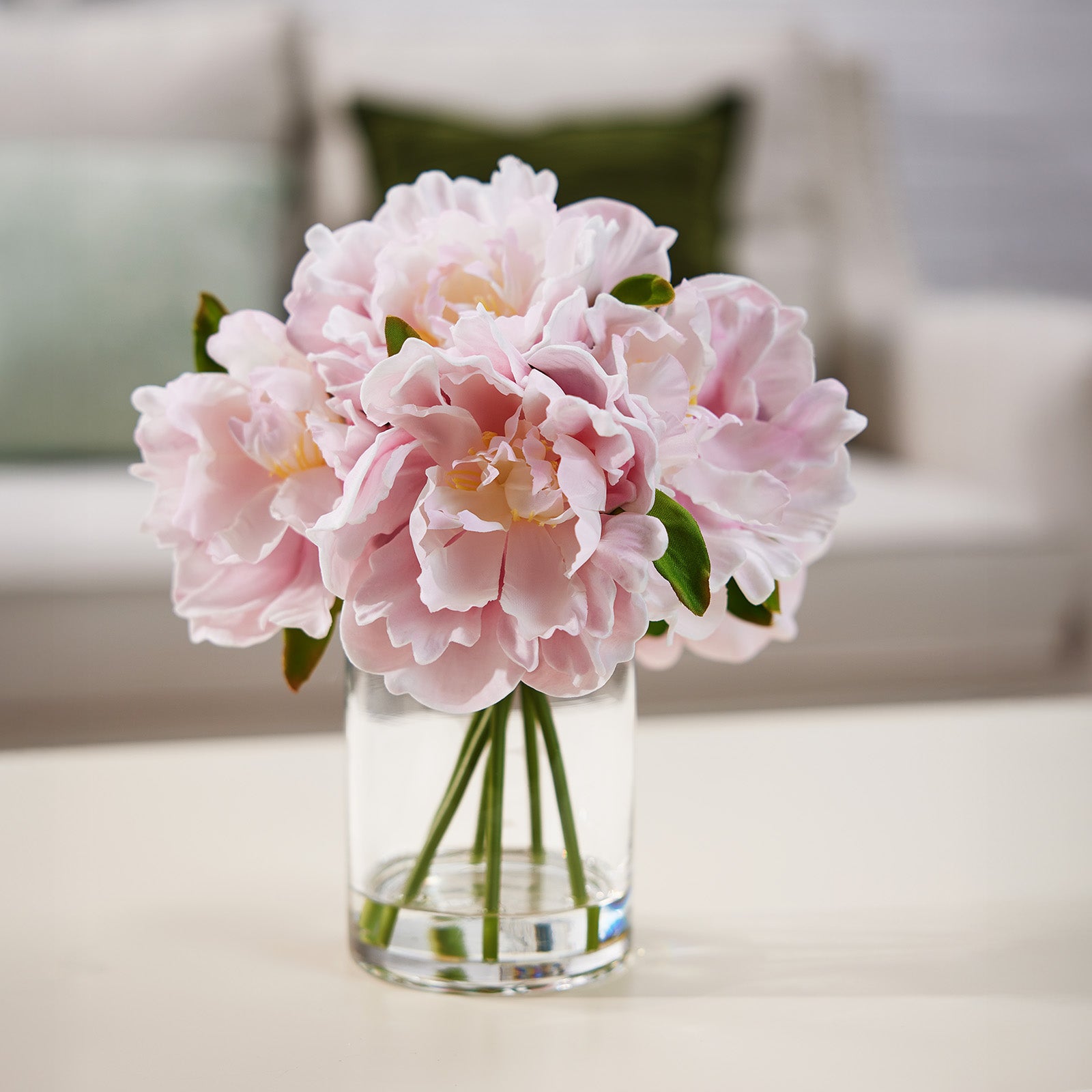 VeriNatural Pink or White Peony Bouquet – 6 Stems, 6 Realistic Blooms in Cylinder Vase with Faux Water, 10.6" Tall Home & Office Decor