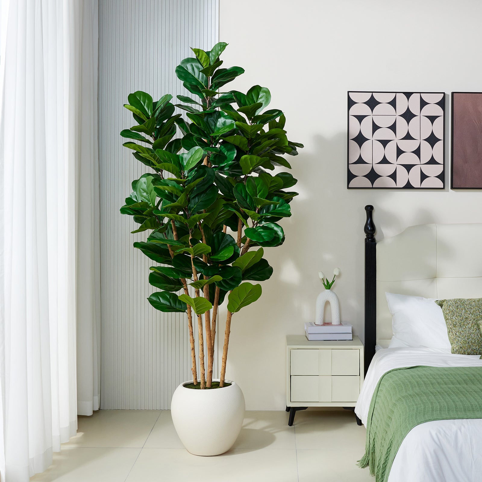VeriNatural 6/7/8FT Artificial Fiddle Leaf Fig Tree with White Planter – Tall Faux Tree with 4 Real Wood Trunks & Real Moss, Indoor Decorative Plant for Home, Living Room & Office Decor (VN244)