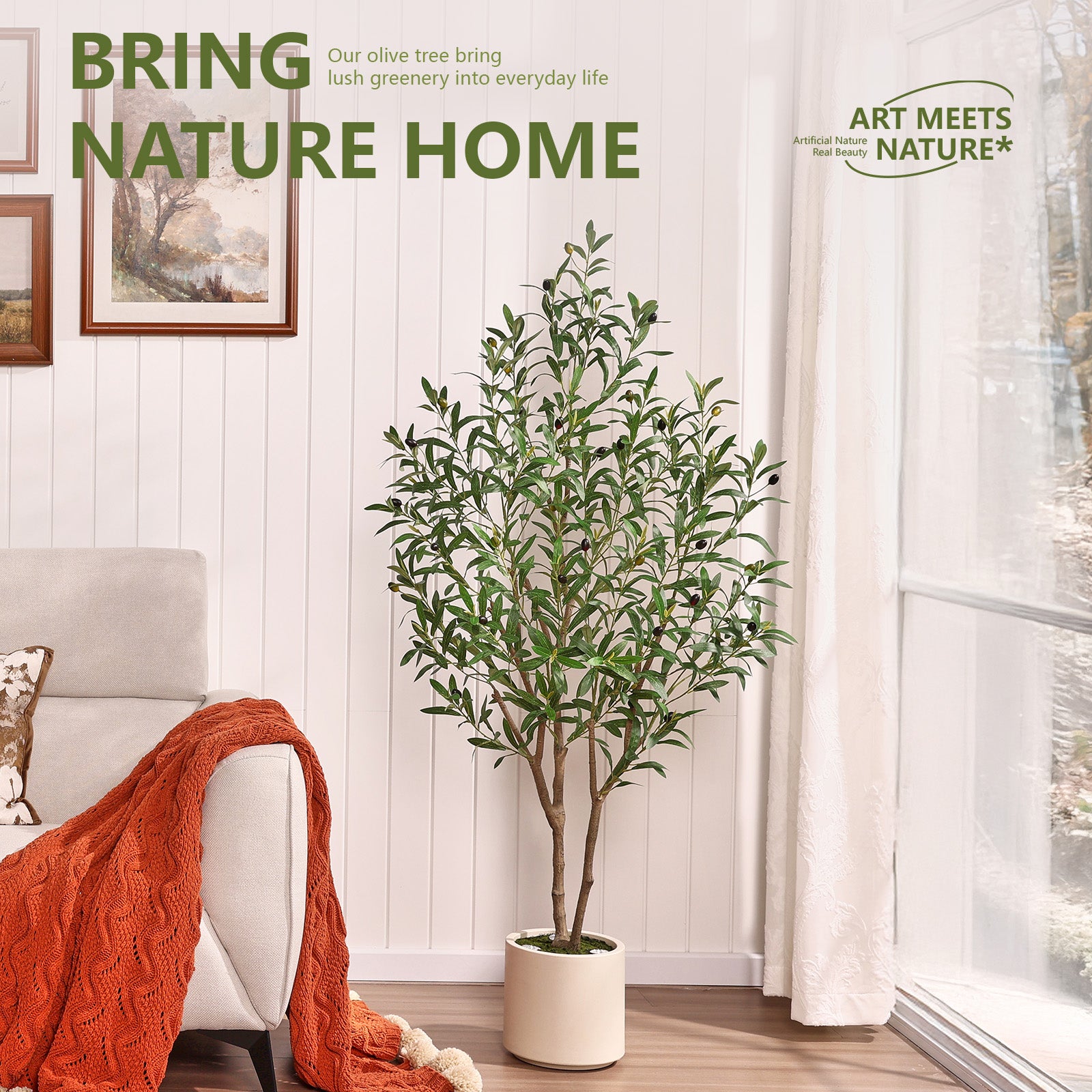 Verinatural 5/6FT Artificial Olive Tree with LED Spotlights, Lifelike Faux Indoor Tree, White Planter, Home Office Floor Decor, VN214