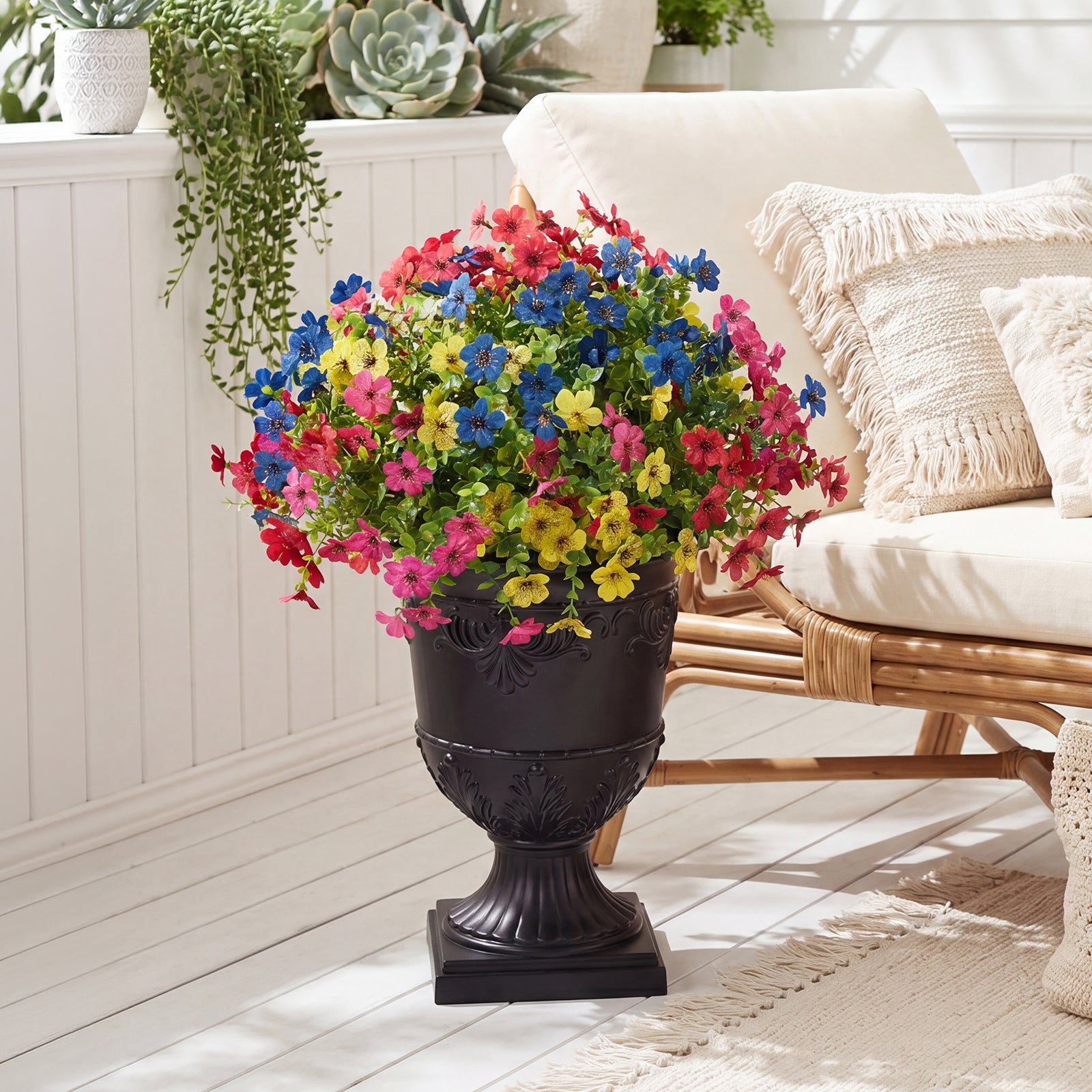 VeriNatural Artificial Lobelia in Charming Urn Planter, 24 Inch Tall Lifelike Faux Flowers, Pre-Potted with Tray, Indoor & Patio Home Decor, Available in 1 Pack & 2 Pack