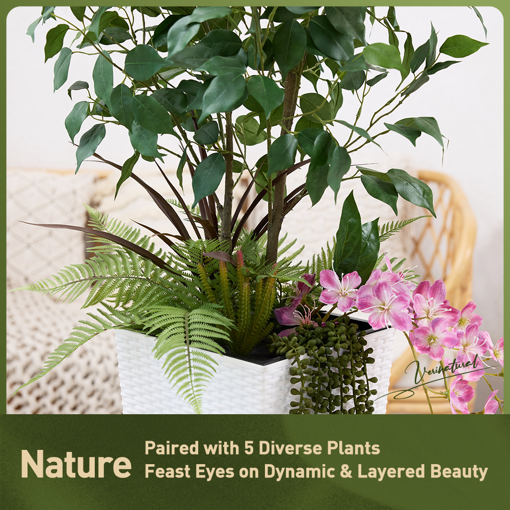 VeriNatural 4FT Mixed Fern and Ficus Artificial Plants with Black Taper Planter for Indoor & Outdoor（VN147）