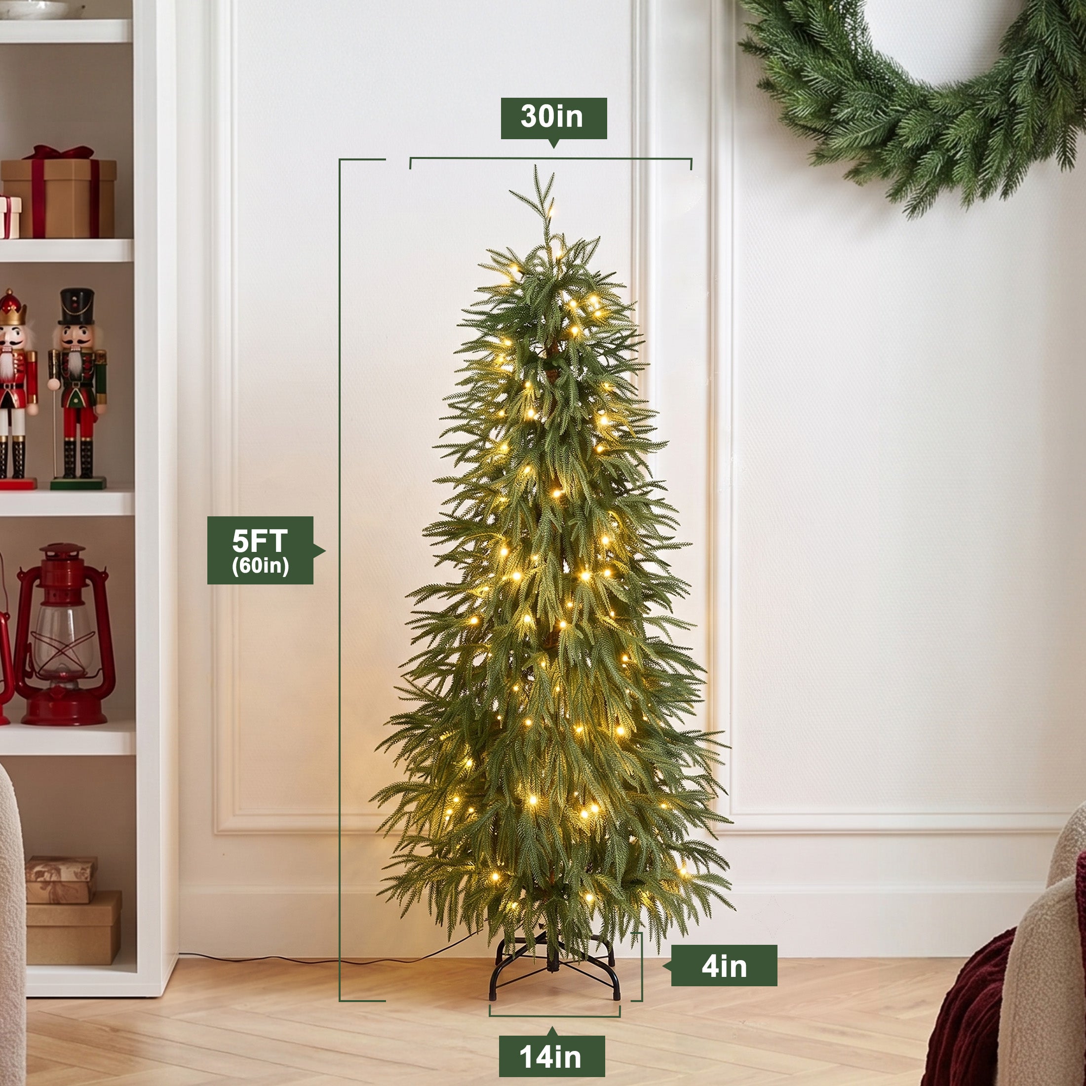 VeriNatural 5/6/7FT Pre-Lit Norfolk Pine Christmas Tree, Artificial Slim Christmas Tree with 100/150/220 Warm White LEDs, 3 Lighting Modes, Adjustable PE Branches, Space-Saving Holiday Decor for Apartment, Home & Office
