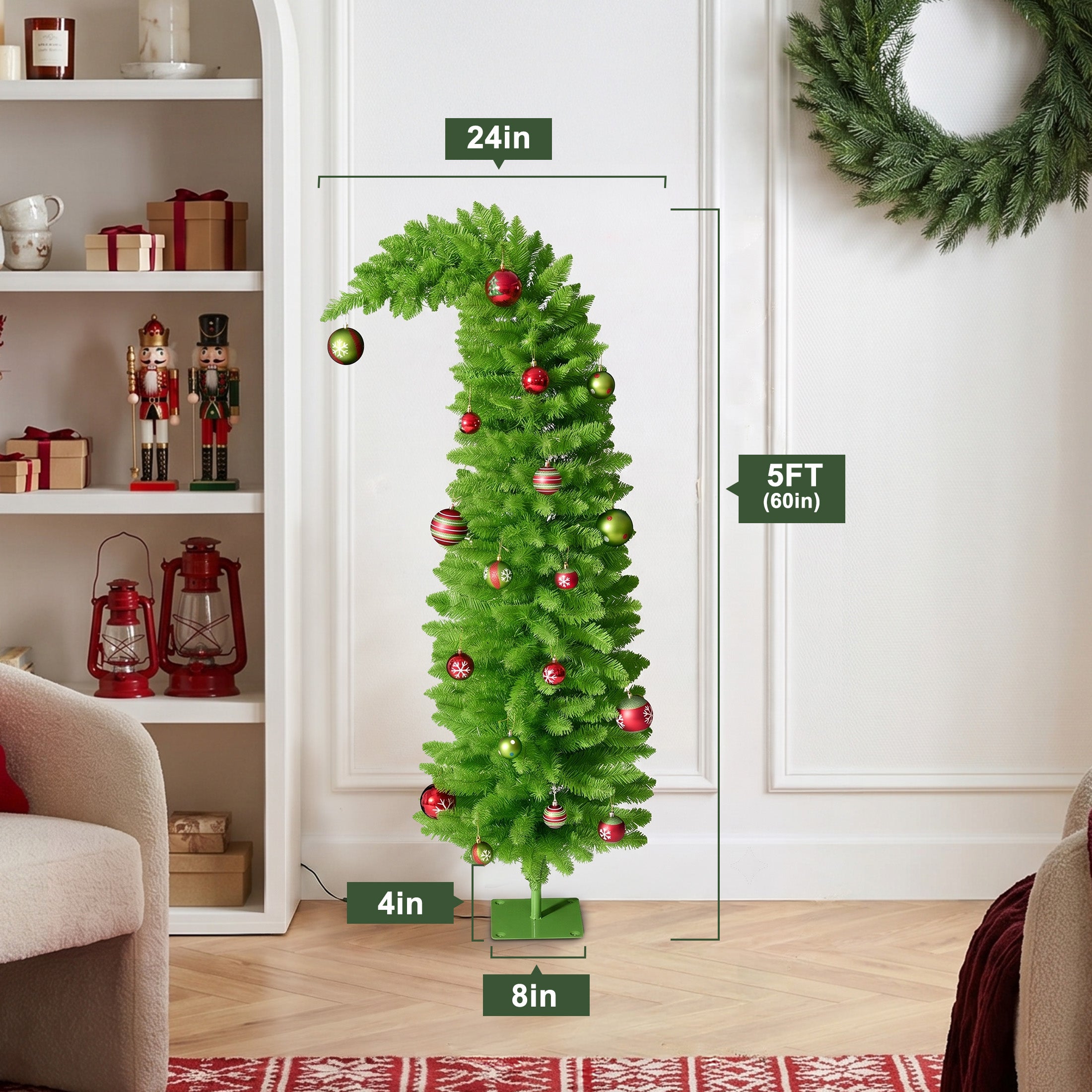 VeriNatural 5FT Pencil Artificial Christmas Tree with Red & Green Ornaments, Pre-Decorated Slim Xmas Tree for Indoor Holiday Decor