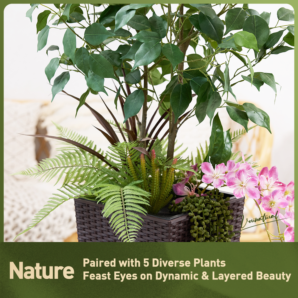 VeriNatural 4FT Mixed Fern and Ficus Artificial Plants with Black Taper Planter for Indoor & Outdoor（VN147）