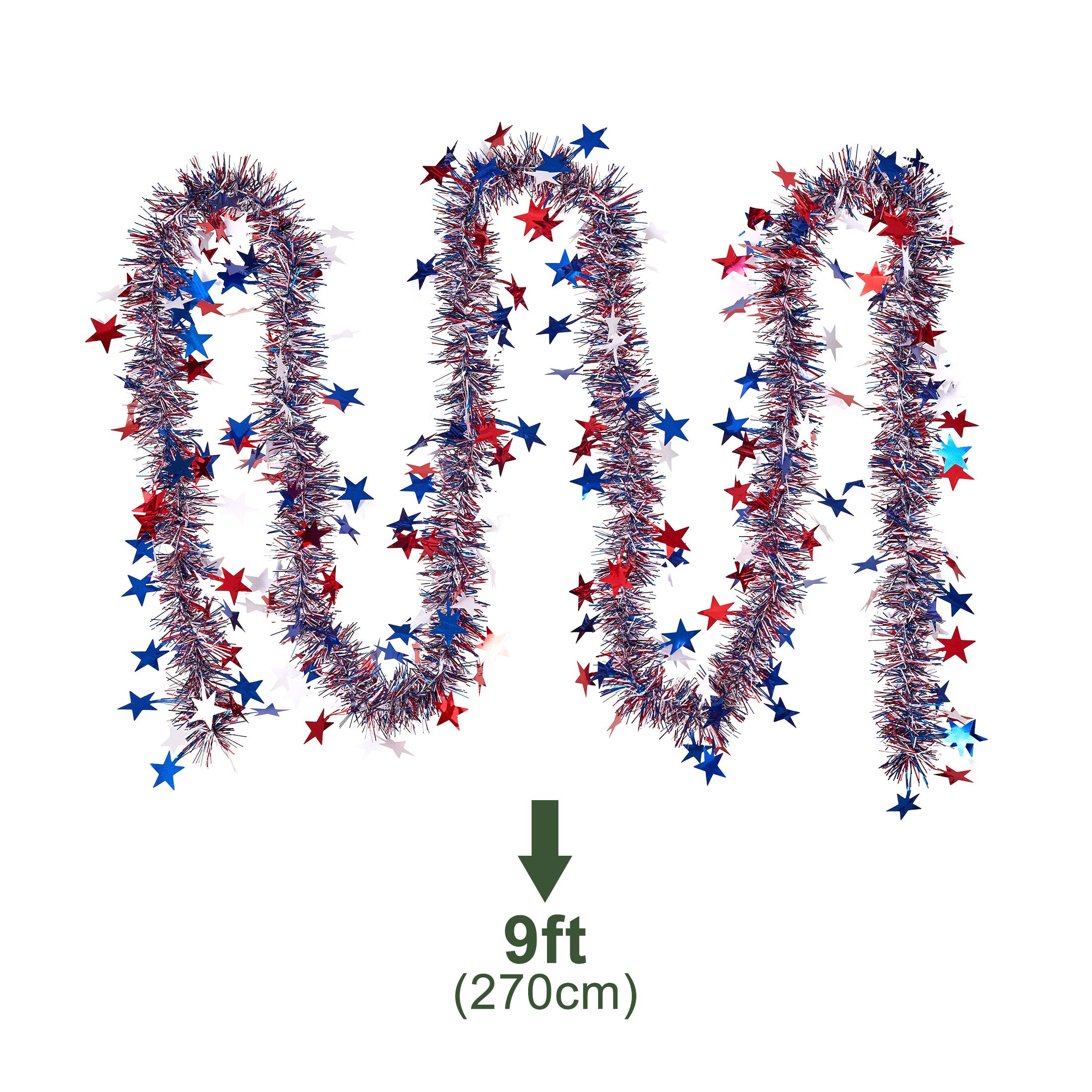 VeriNatural Garland – 2×9FT Red, White & Blue Glitter Tinsel with Stars – Party Decor for Indoor & Outdoor