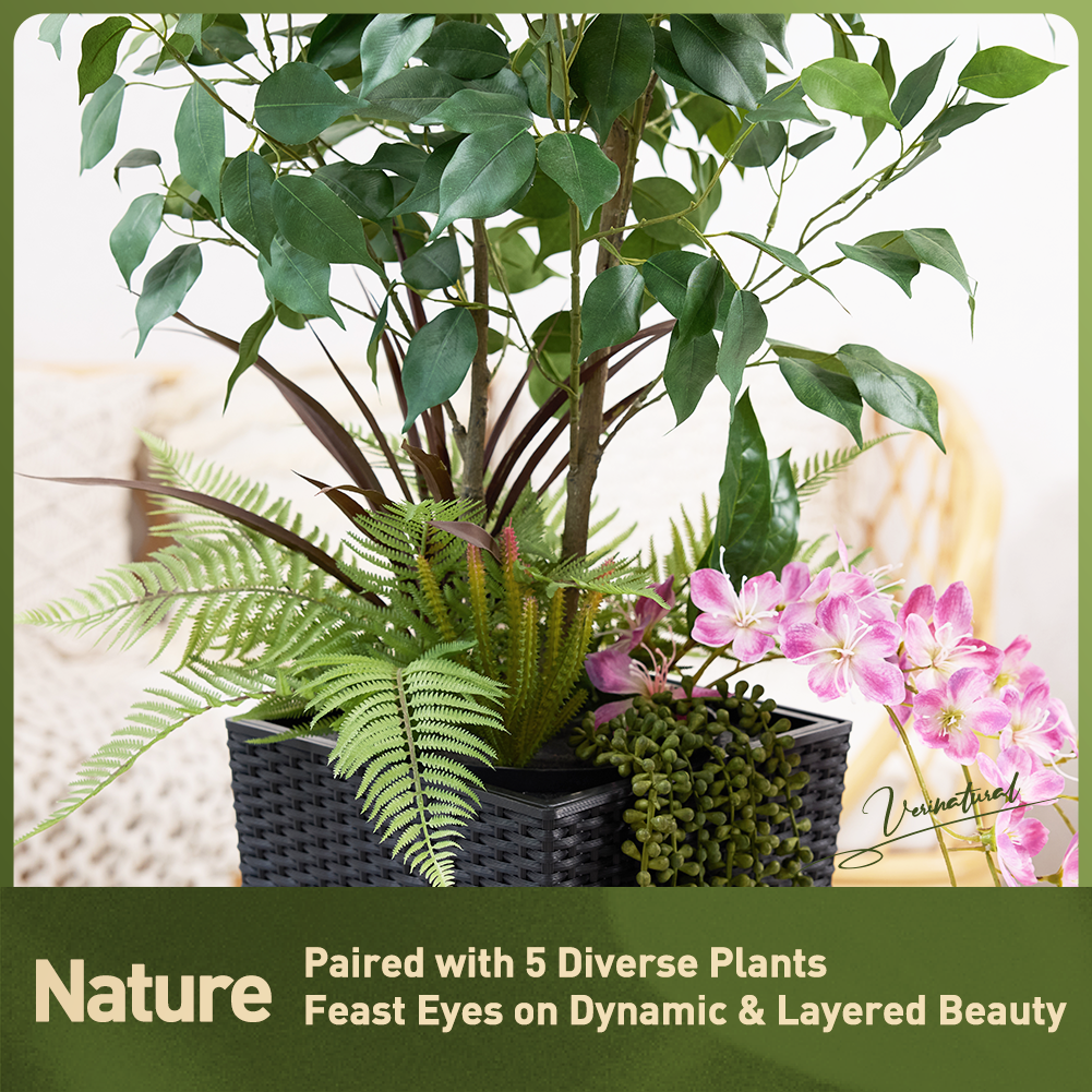 VeriNatural 4FT Mixed Fern and Ficus Artificial Plants with Black Taper Planter for Indoor & Outdoor（VN147）