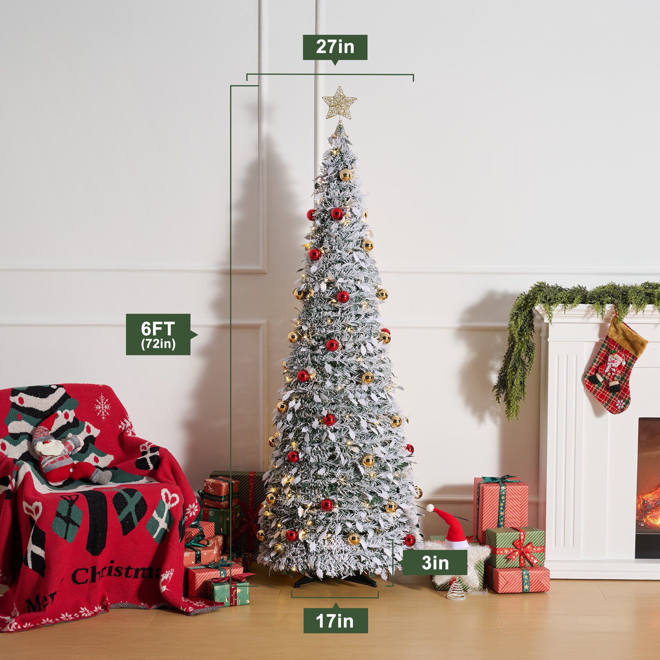 VeriNatural 6FT Snow Flocked Pop Up Christmas Tree, Pre-Lit Foldable Artificial Xmas Tree with 150 Warm White LED Lights, Star Topper & 50 Ornaments, Pre-Decorated Holiday Tree for Home & Office Decor