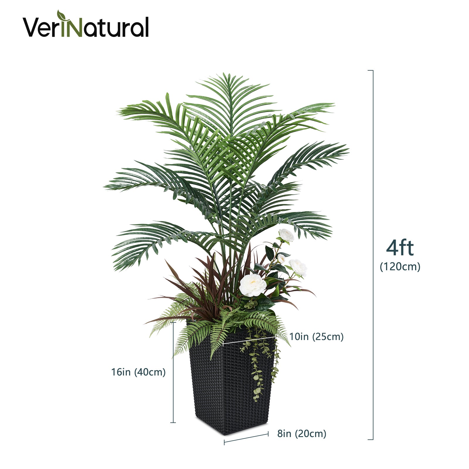 VeriNatural 4FT Mixed Fern and Plam Artificial Plants with Black/White Taper Planter for Indoor & Outdoor（VN148）