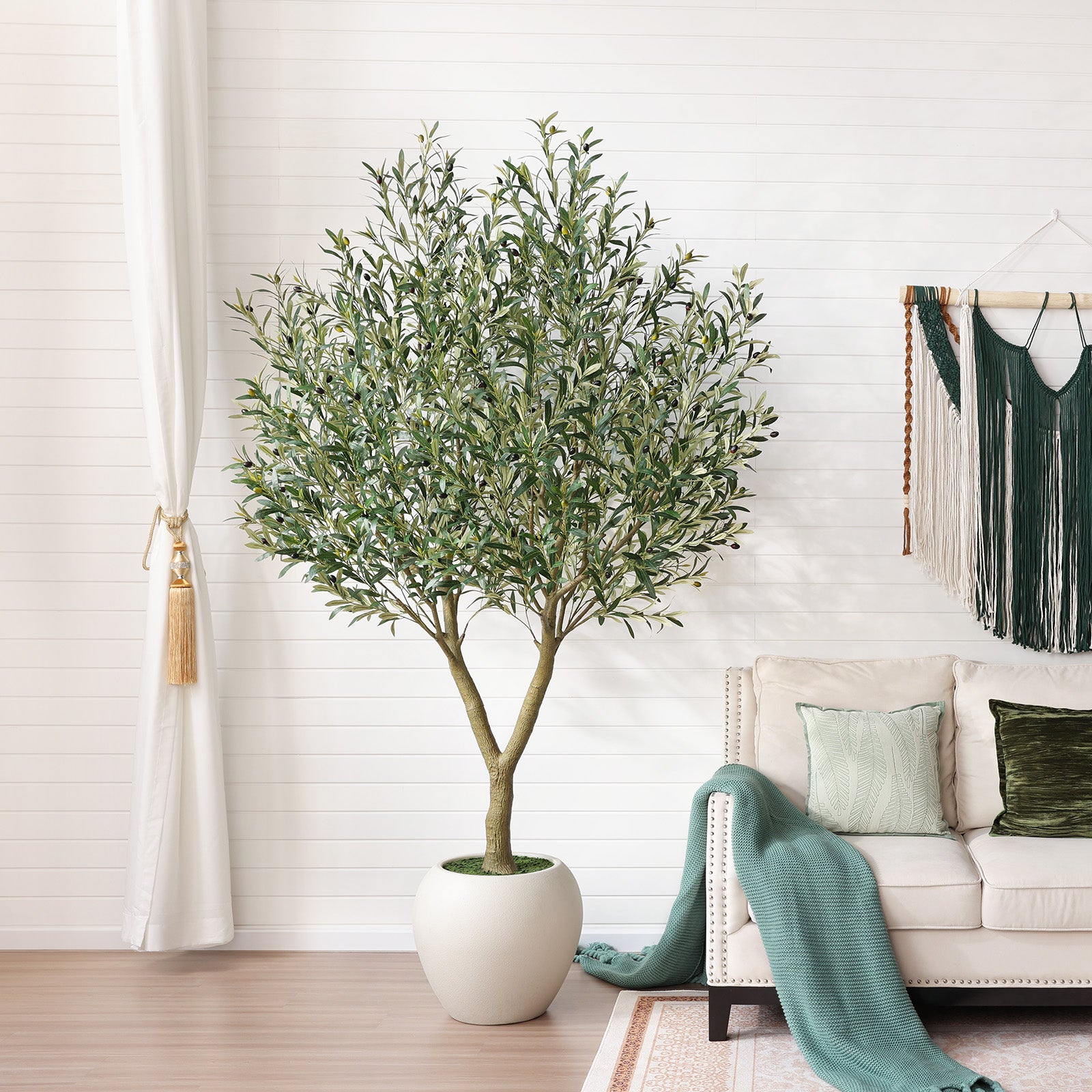 VeriNatural 8FT Artificial Olive Tree Indoor – Large Tall Faux Olive Tree with 18” White Round Planter, Full & Lush Fake Plant for Living Room, Office, Bedroom & Home Decor（VN210）
