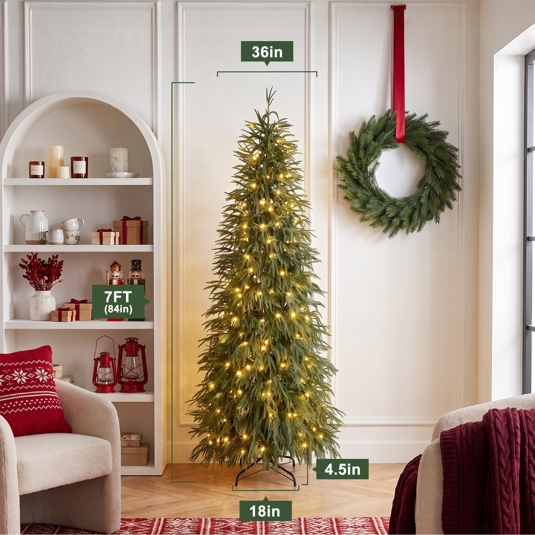 VeriNatural 5/6/7FT Pre-Lit Norfolk Pine Christmas Tree, Artificial Slim Christmas Tree with 100/150/220 Warm White LEDs, 3 Lighting Modes, Adjustable PE Branches, Space-Saving Holiday Decor for Apartment, Home & Office