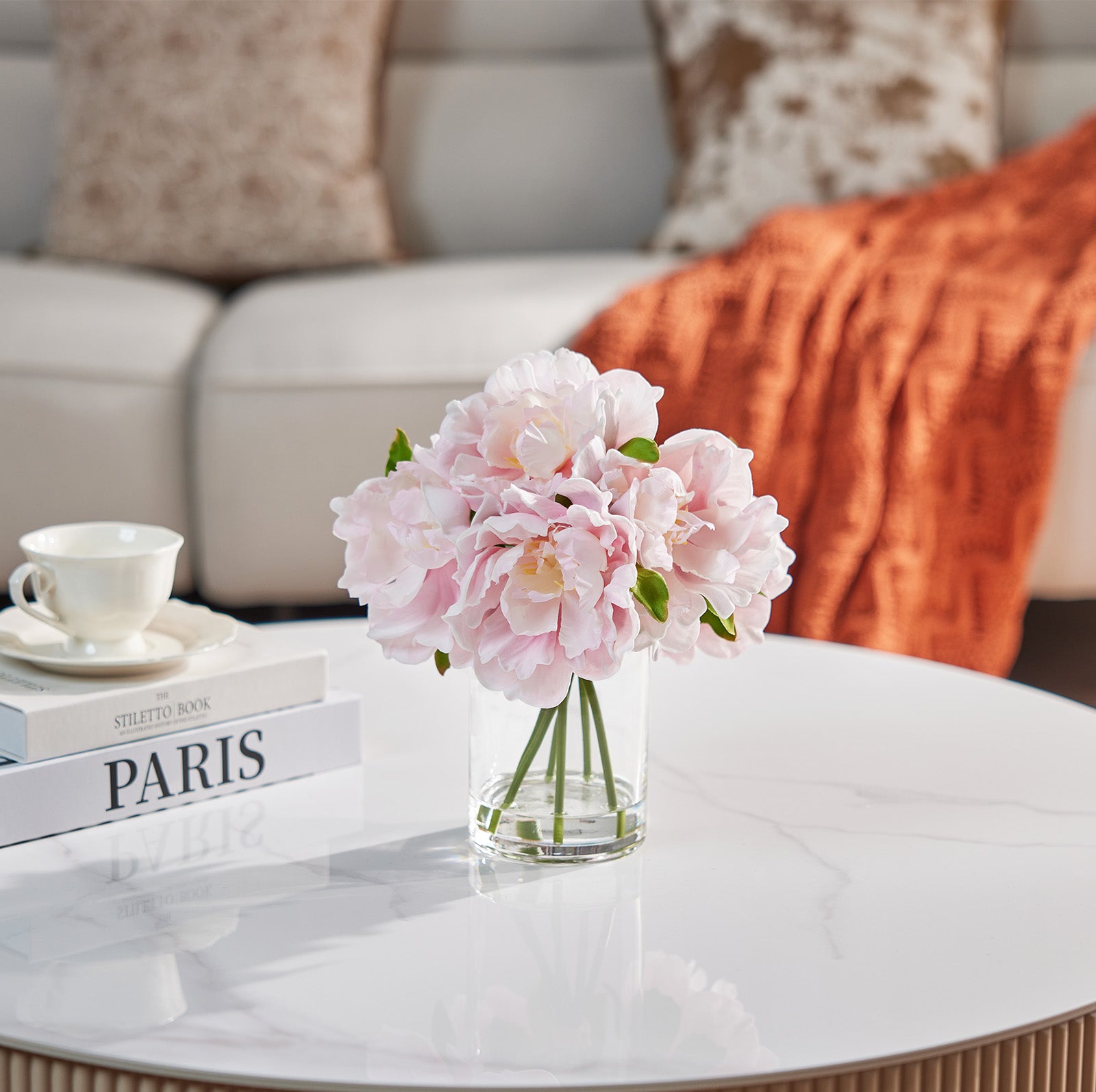 VeriNatural Pink or White Peony Bouquet – 6 Stems, 6 Realistic Blooms in Cylinder Vase with Faux Water, 10.6" Tall Home & Office Decor