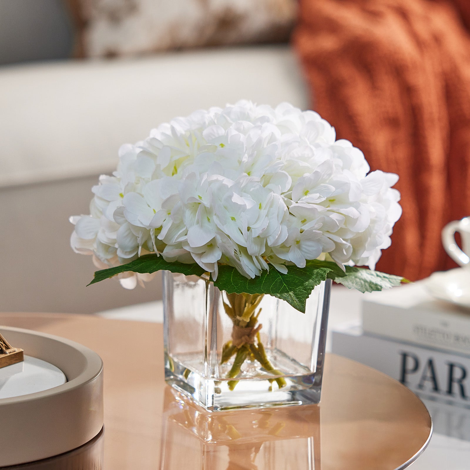 VeriNatural White Artificial Hydrangea in Vase – Realistic Silk Flowers with Faux Water, Perfect Home, Office & Wedding Decor